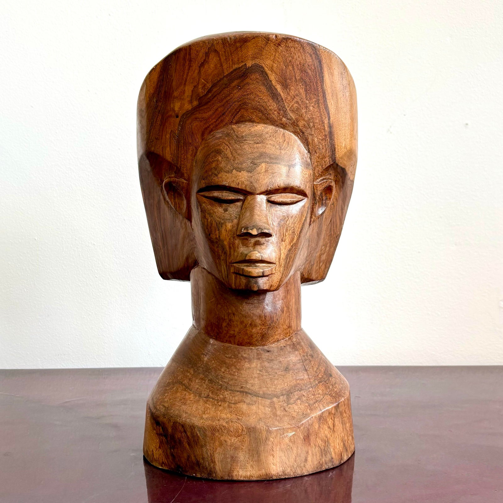 Vintage Boho Solid Wood Carved Bust - Detail view