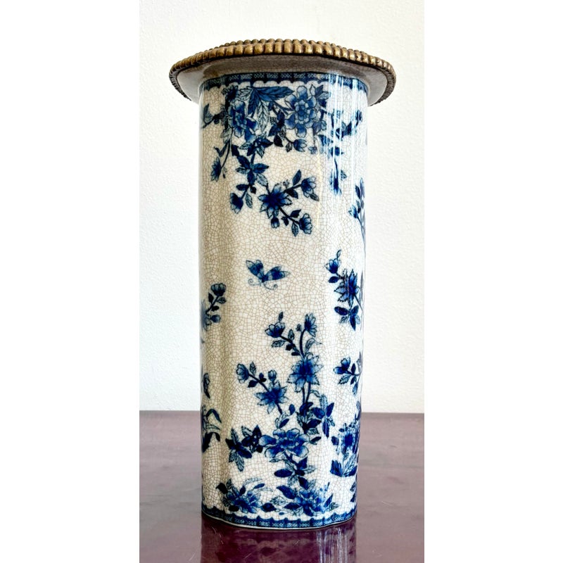 Vintage Hand Painted Blue and White Vase With Burnished Brass Detailing - Top view
