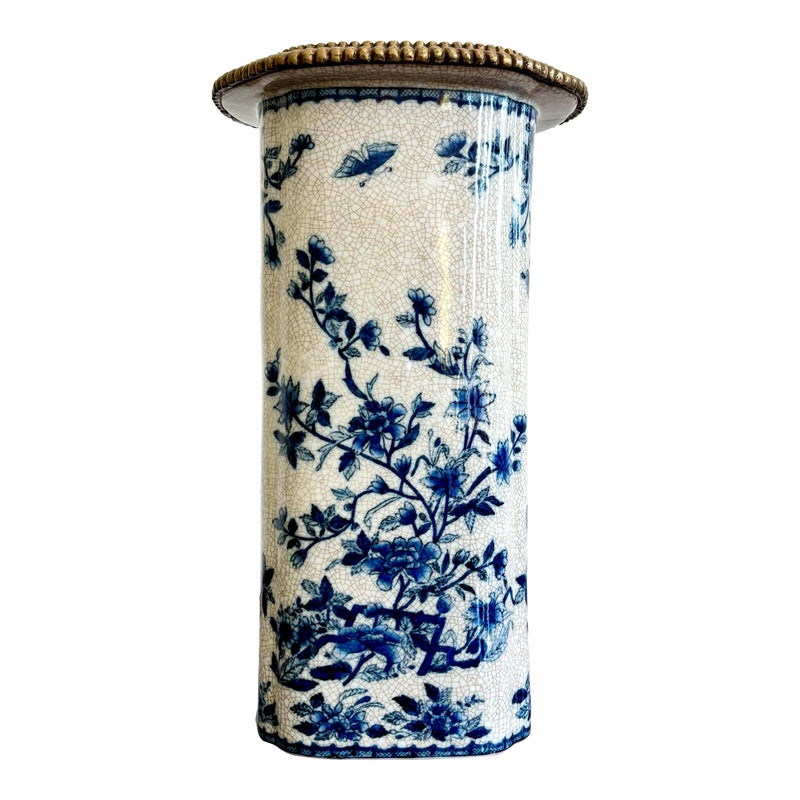 Vintage Hand Painted Blue and White Vase With Burnished Brass Detailing