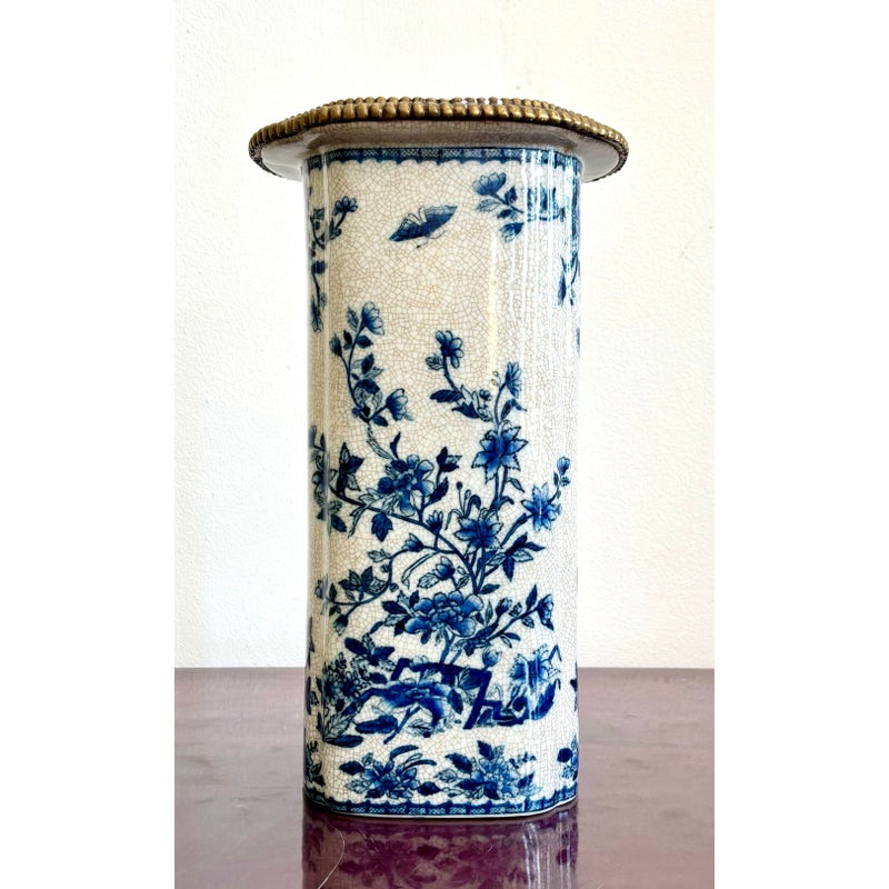 Vintage Hand Painted Blue and White Vase With Burnished Brass Detailing - Back view