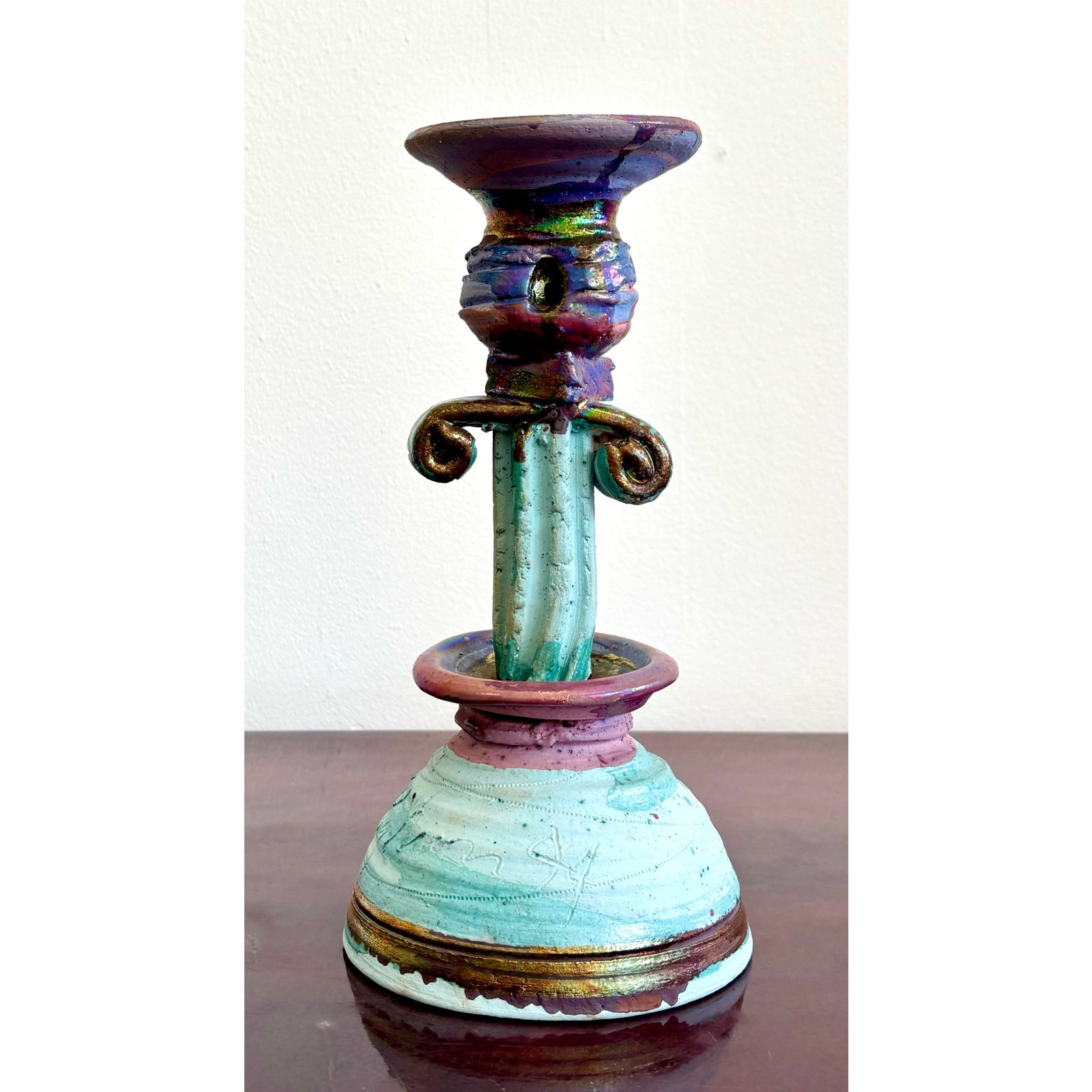 Vintage Boho Chic Studio Pottery Candlestick - Back view