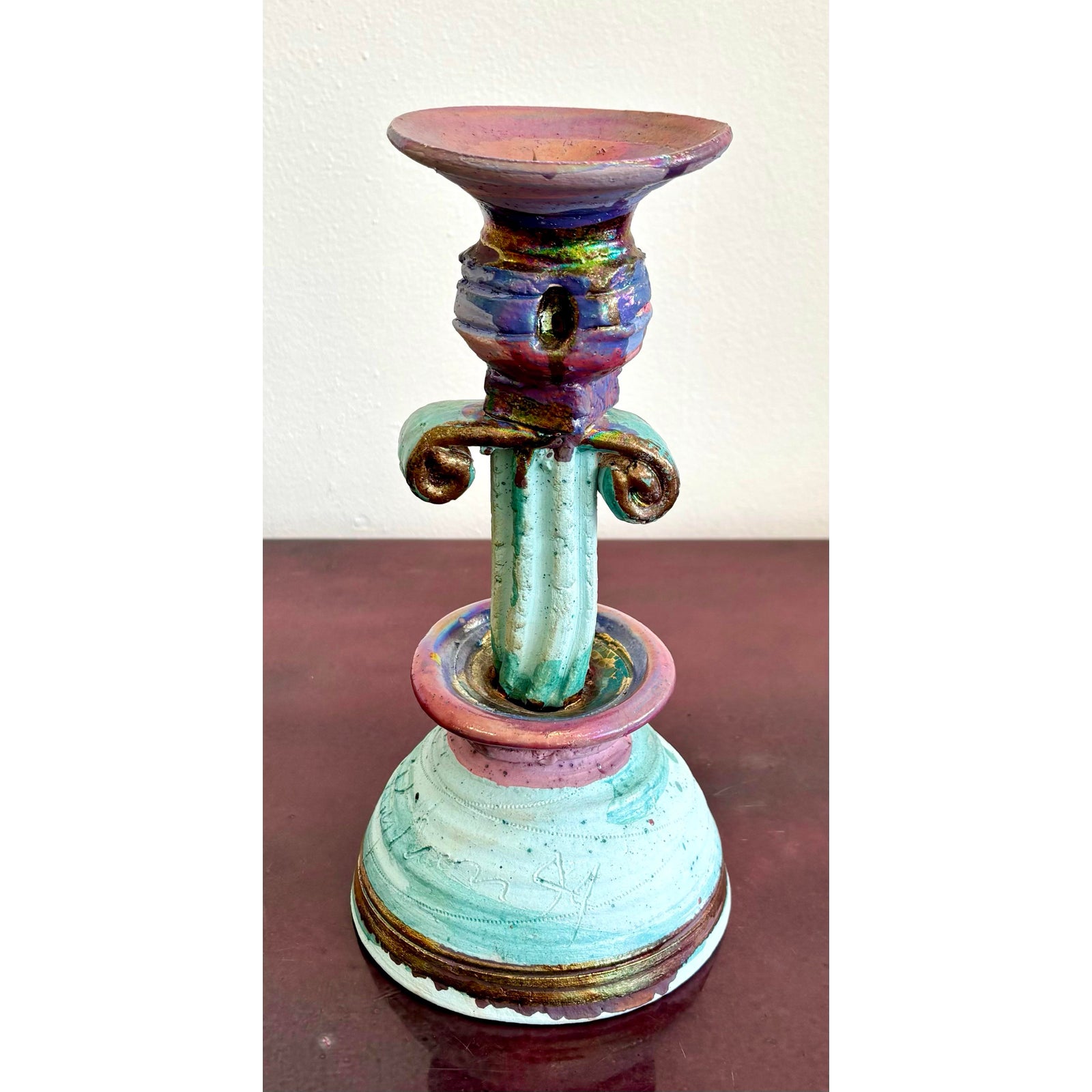 Vintage Boho Chic Studio Pottery Candlestick - Side view