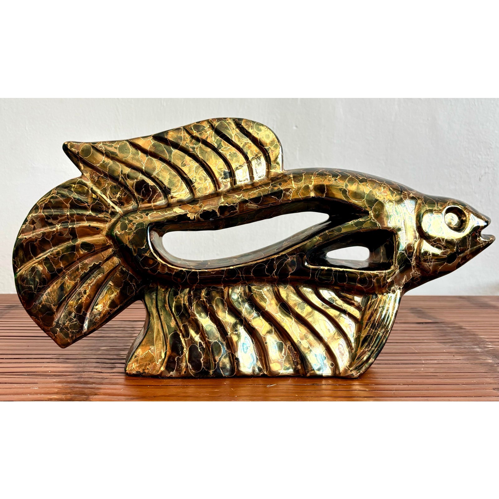 Vintage Boho Metallic Glazed Ceramic Fish - Back view