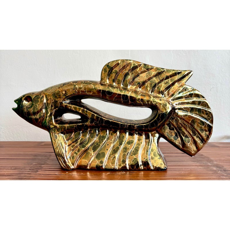 Vintage Boho Metallic Glazed Ceramic Fish - Side view
