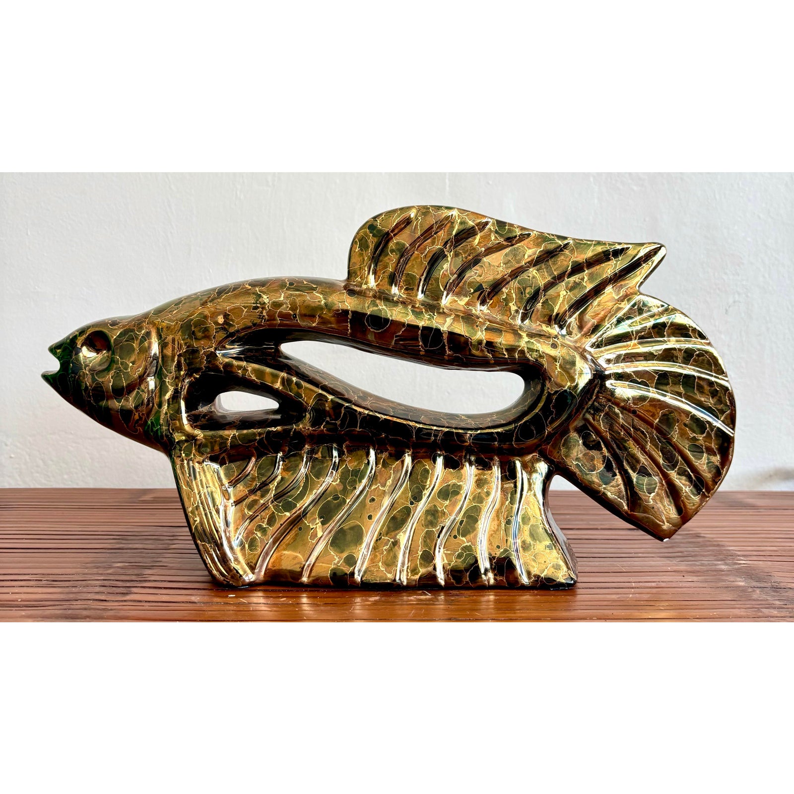 Vintage Boho Metallic Glazed Ceramic Fish - Detail view