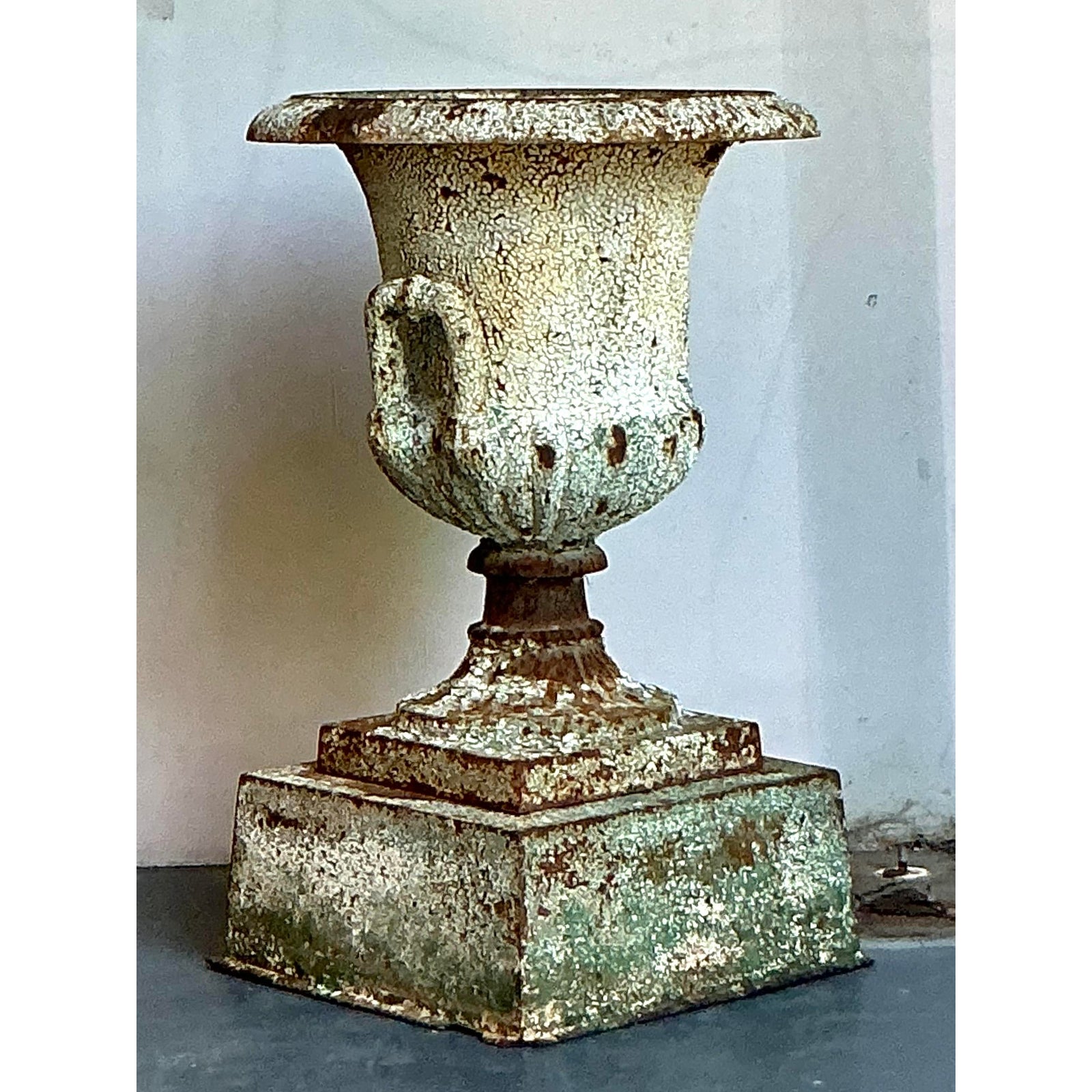 Vintage Regency Distressed Wrought Iron Urn - Top view