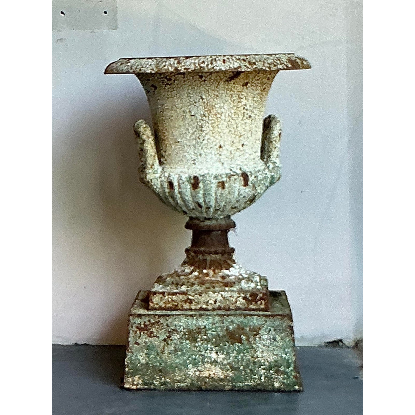 Vintage Regency Distressed Wrought Iron Urn - Detail view