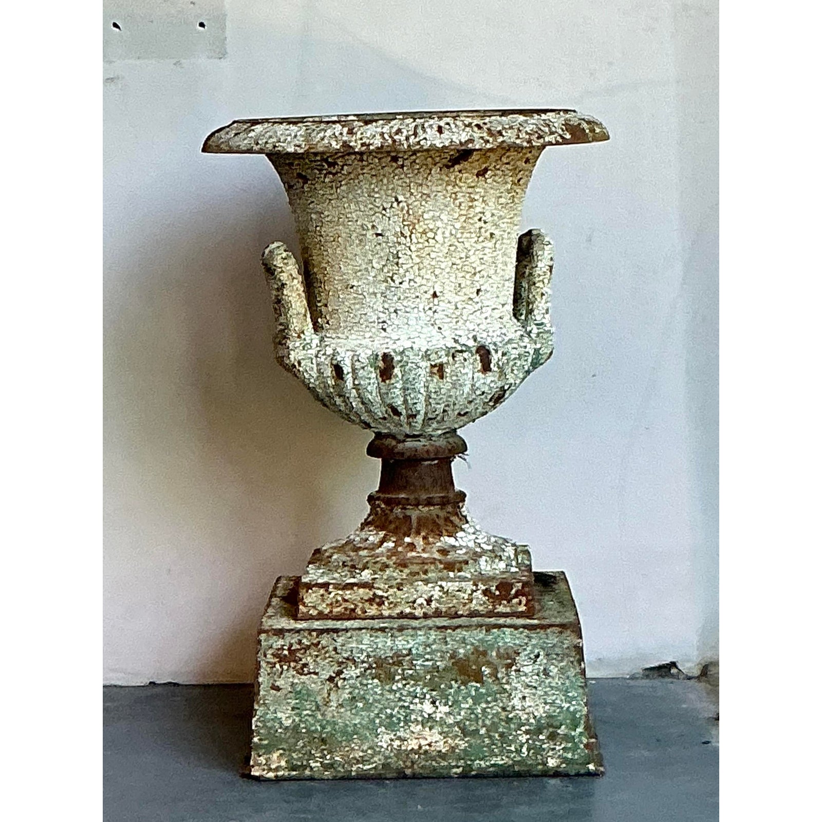 Vintage Regency Distressed Wrought Iron Urn - Side view
