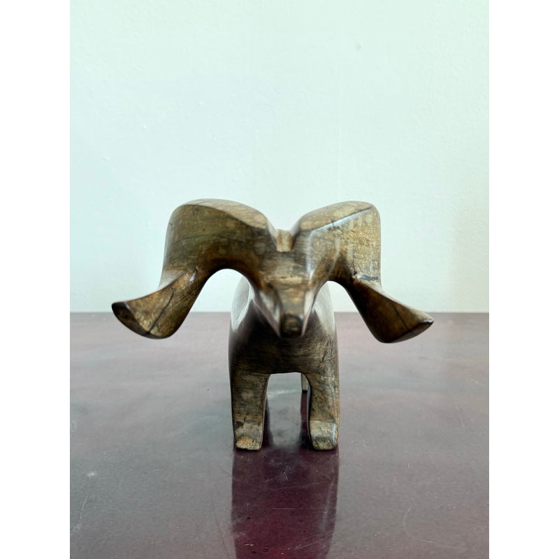 Vintage Hand-Carved Wooden Ram Figurine - Detail view