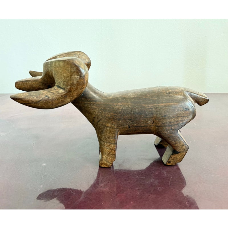 Vintage Hand-Carved Wooden Ram Figurine - Side view