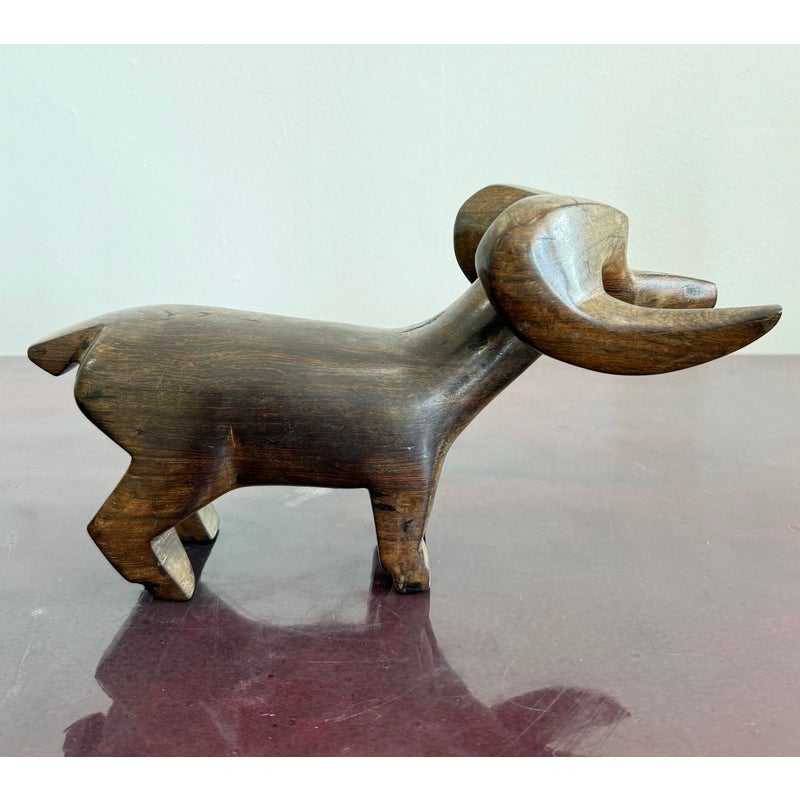 Vintage Hand-Carved Wooden Ram Figurine - Back view