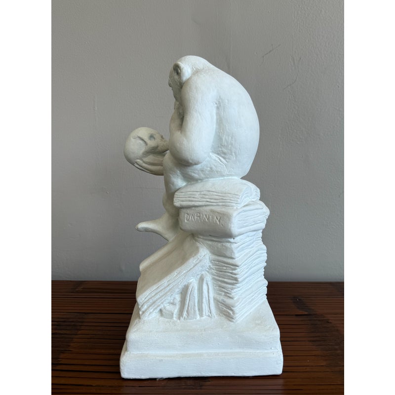 Vintage White Plaster Monkey Philosopher Statue - Side view