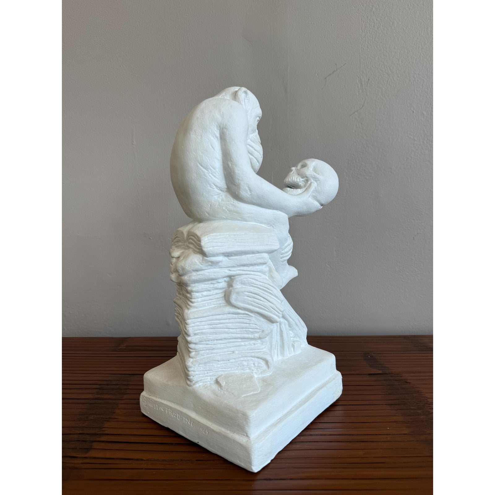 Vintage White Plaster Monkey Philosopher Statue - Top view