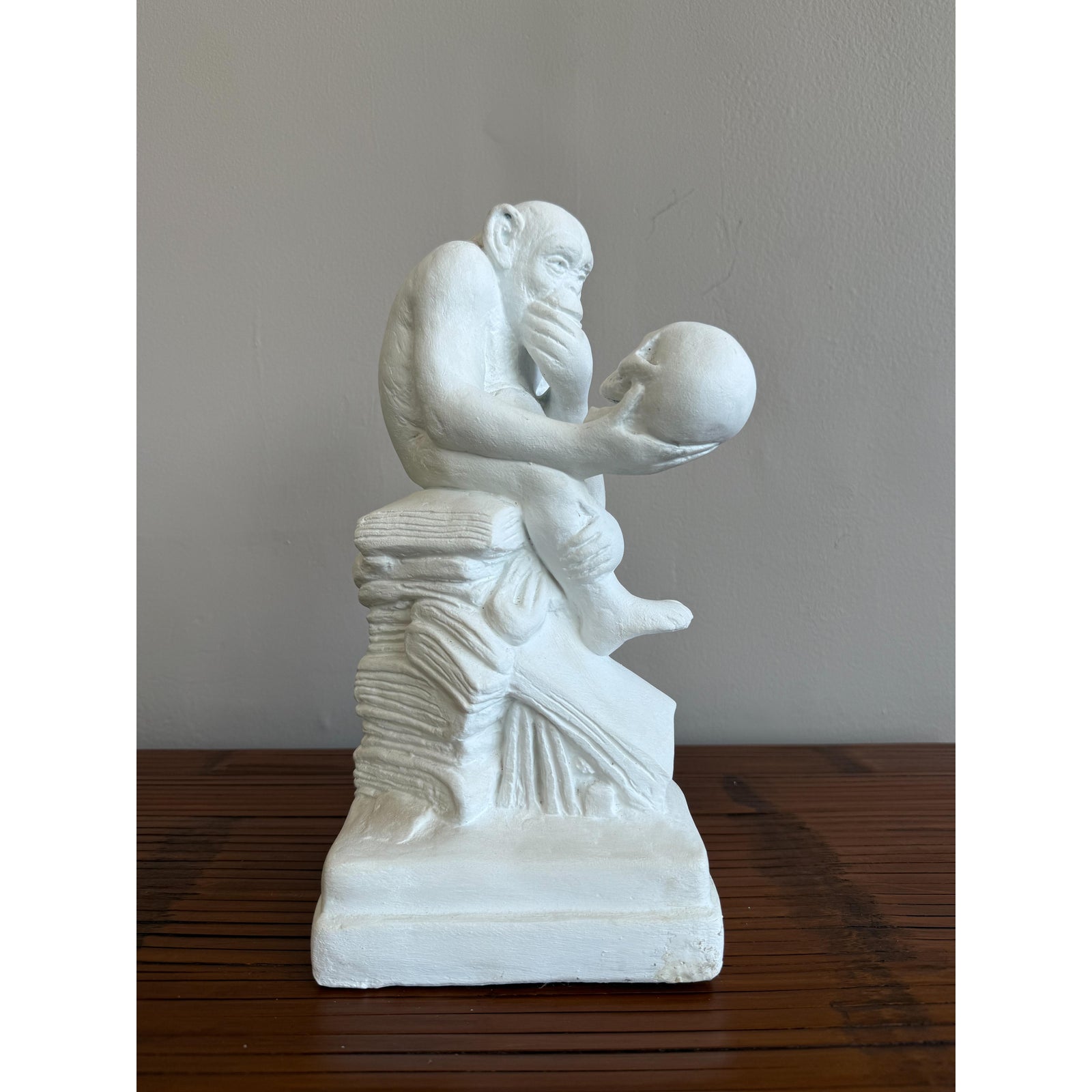 Vintage White Plaster Monkey Philosopher Statue - Detail view