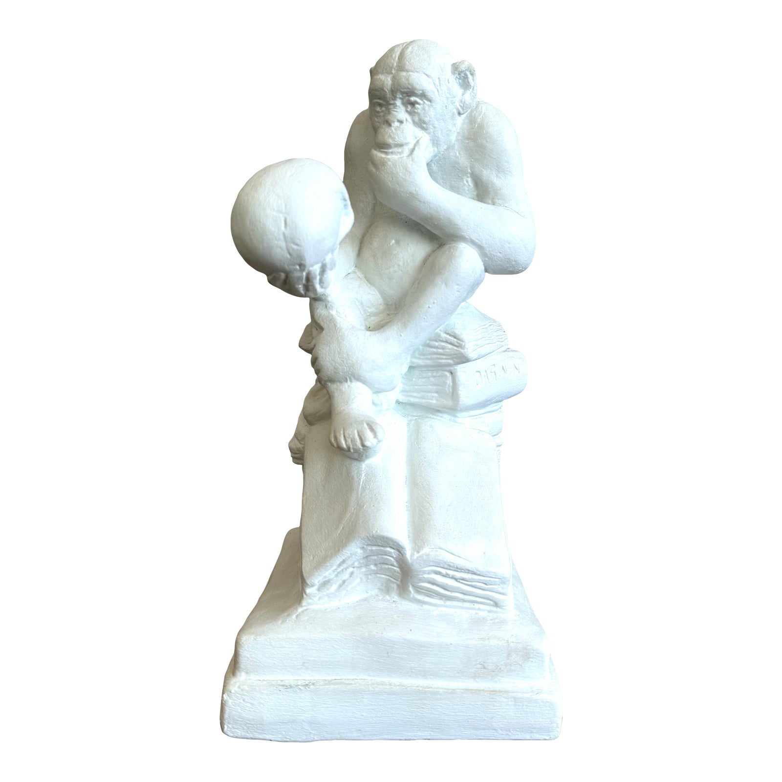 Vintage White Plaster Monkey Philosopher Statue