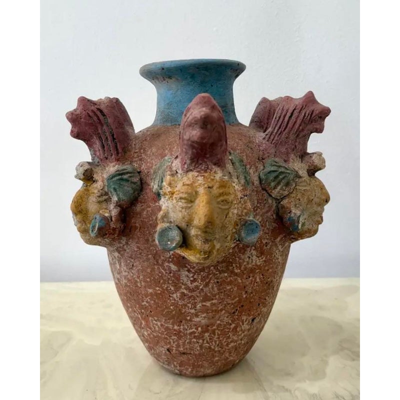 Vintage Boho Ceramic Terracotta Face Vase - Detail view