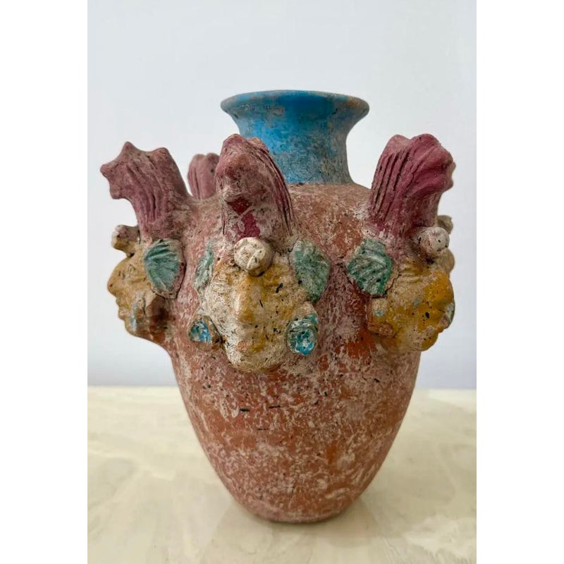 Vintage Boho Ceramic Terracotta Face Vase - Side view