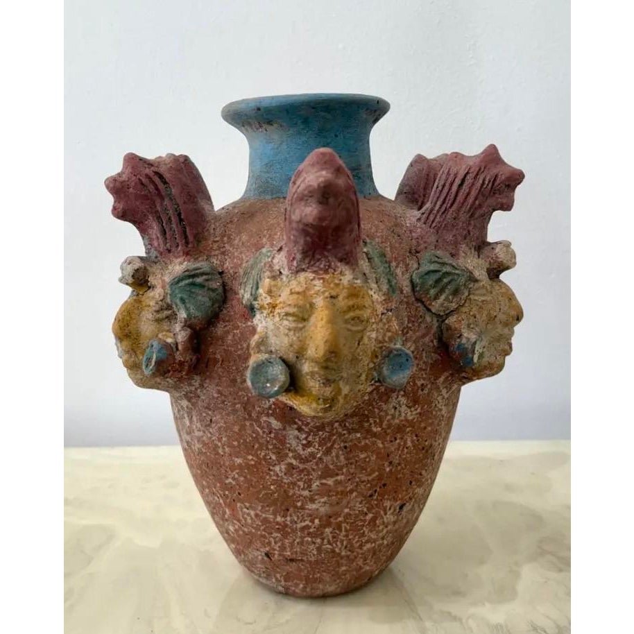 Vintage Boho Ceramic Terracotta Face Vase - Top view