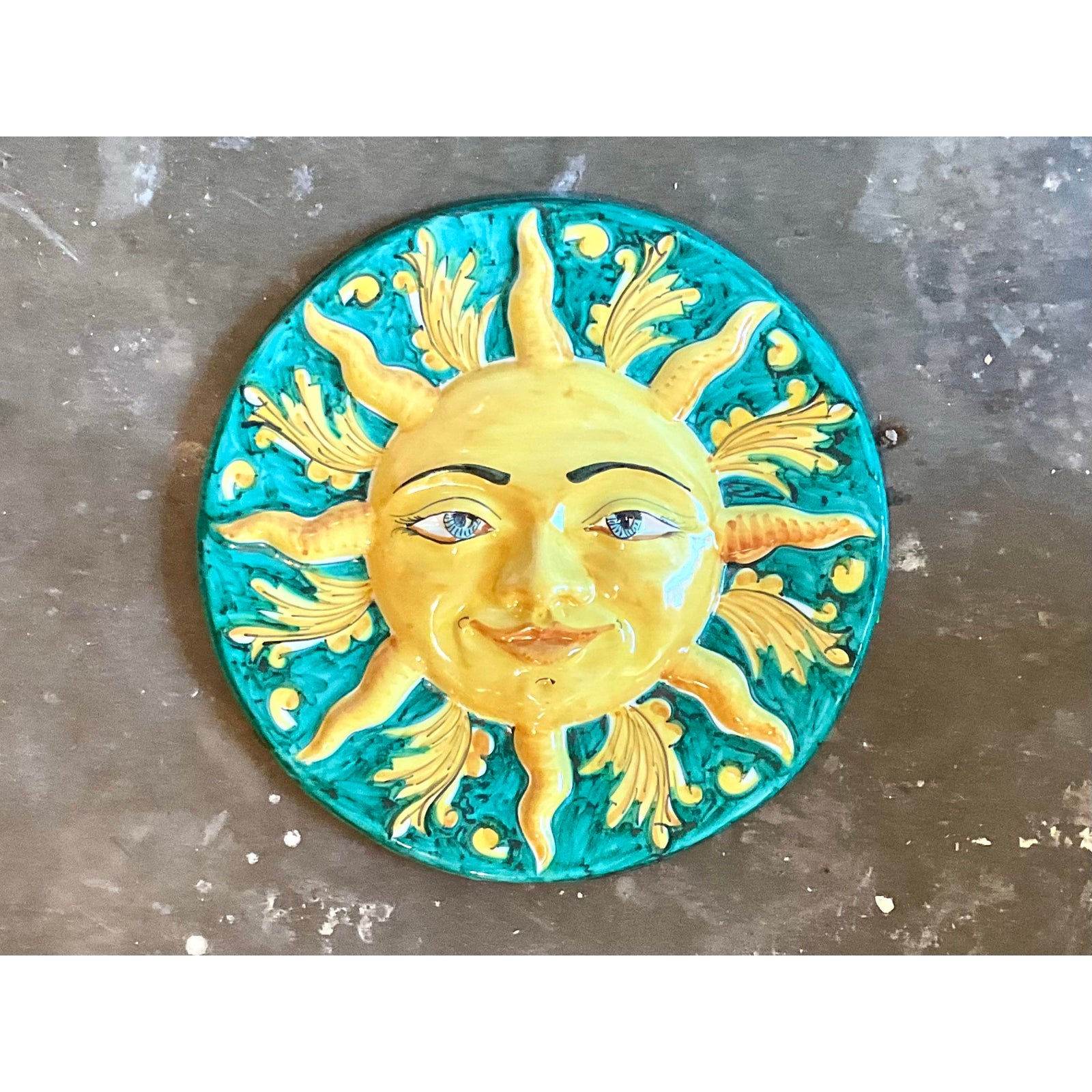 Vintage Italian Glazed Ceramic Sun Plaque - Top view