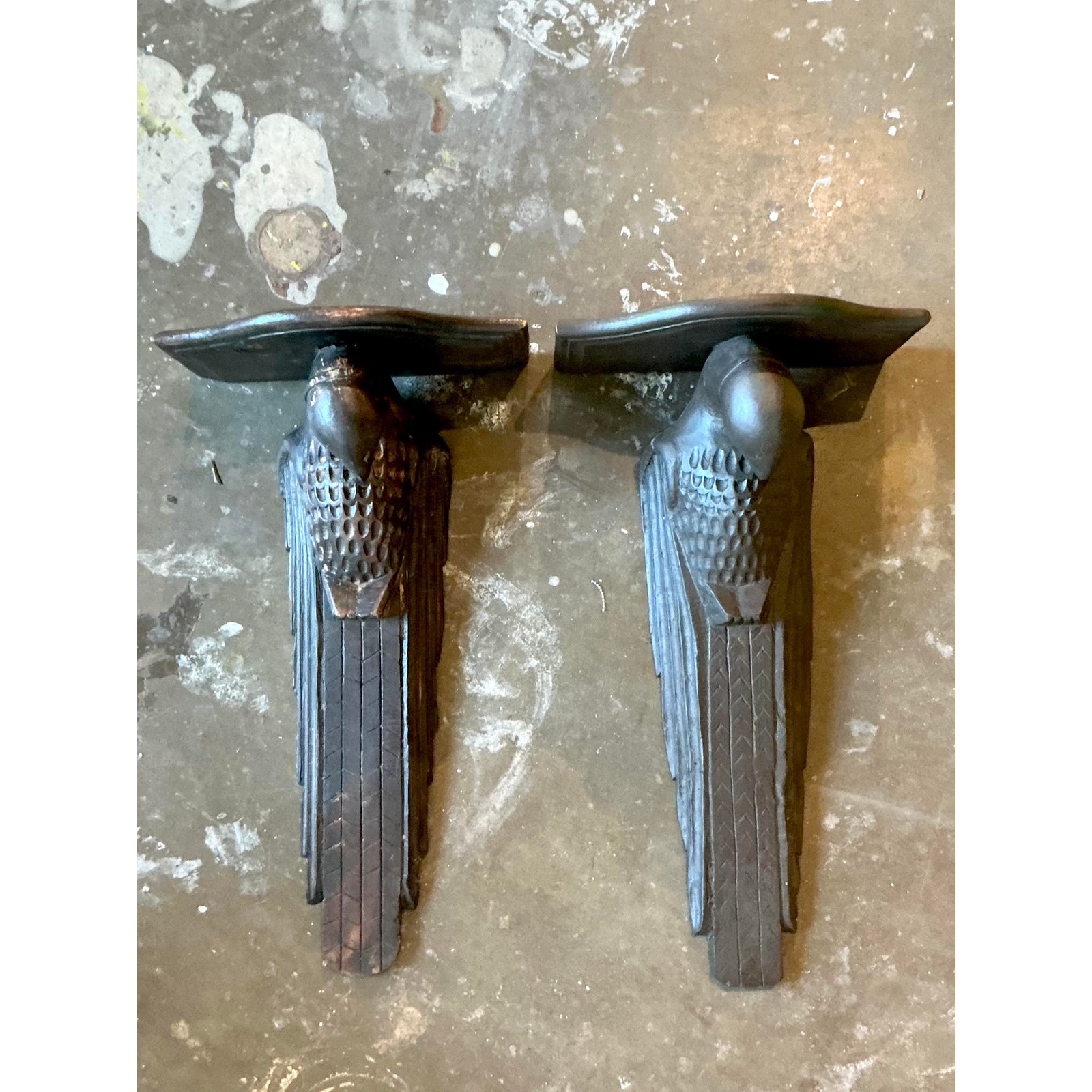 Vintage Boho Hand Carved Falcon Brackets - Set of 2 - Back view
