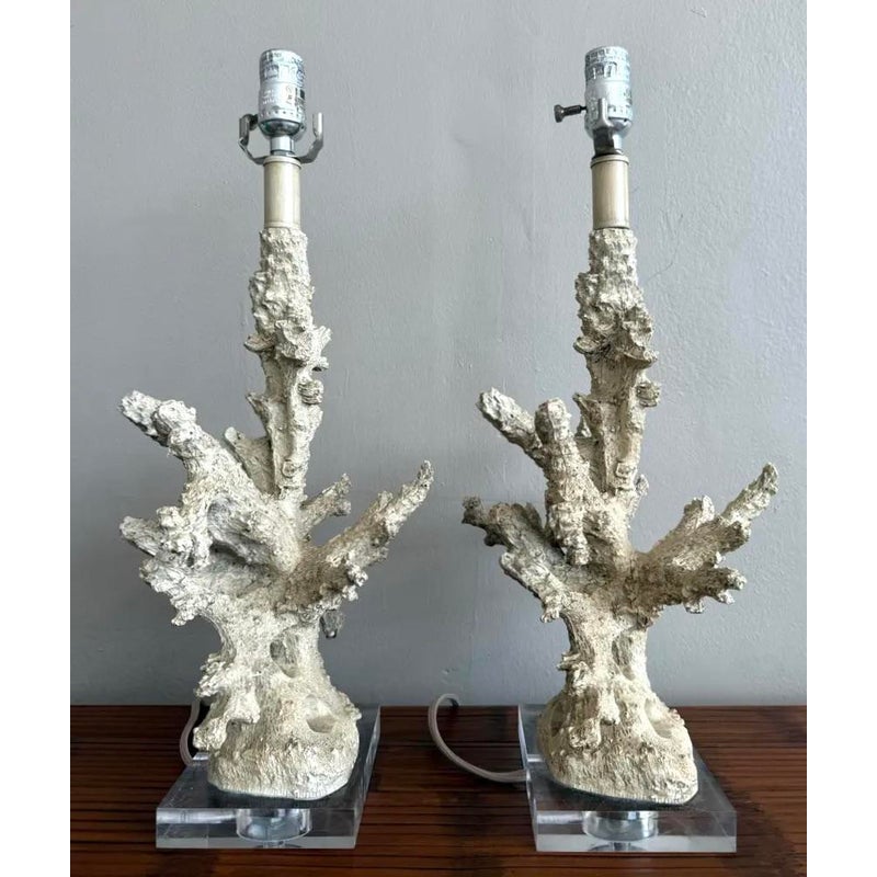 Vintage Faux Coral Branch Lamps on Lucite Base - a Pair - Back view