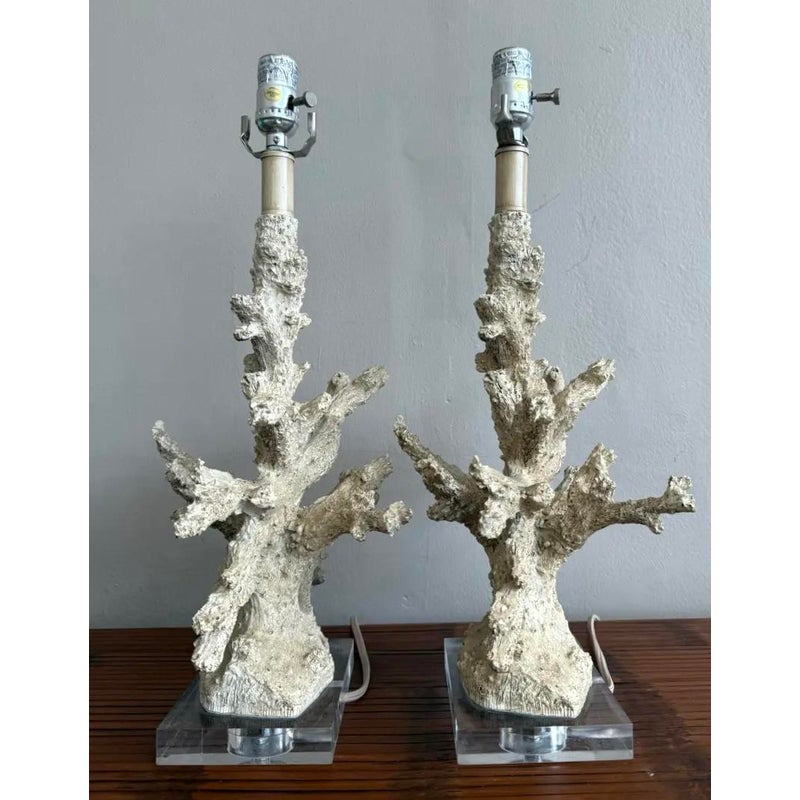 Vintage Faux Coral Branch Lamps on Lucite Base - a Pair - Top view
