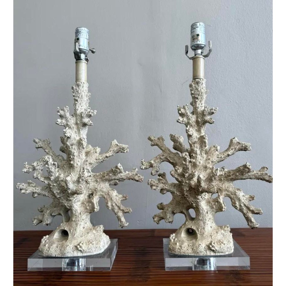 Vintage Faux Coral Branch Lamps on Lucite Base - a Pair - Side view