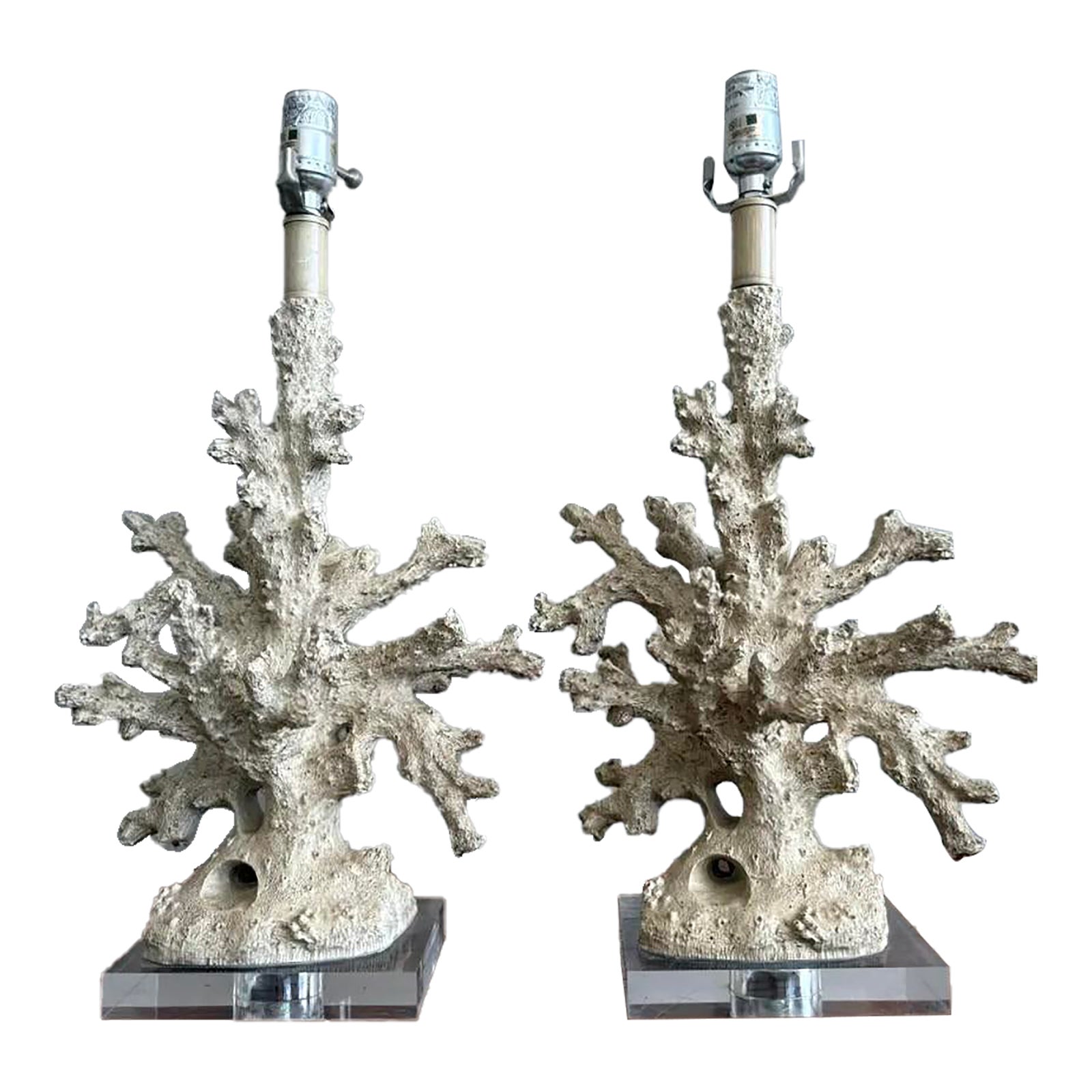 Vintage Faux Coral Branch Lamps on Lucite Base - a Pair