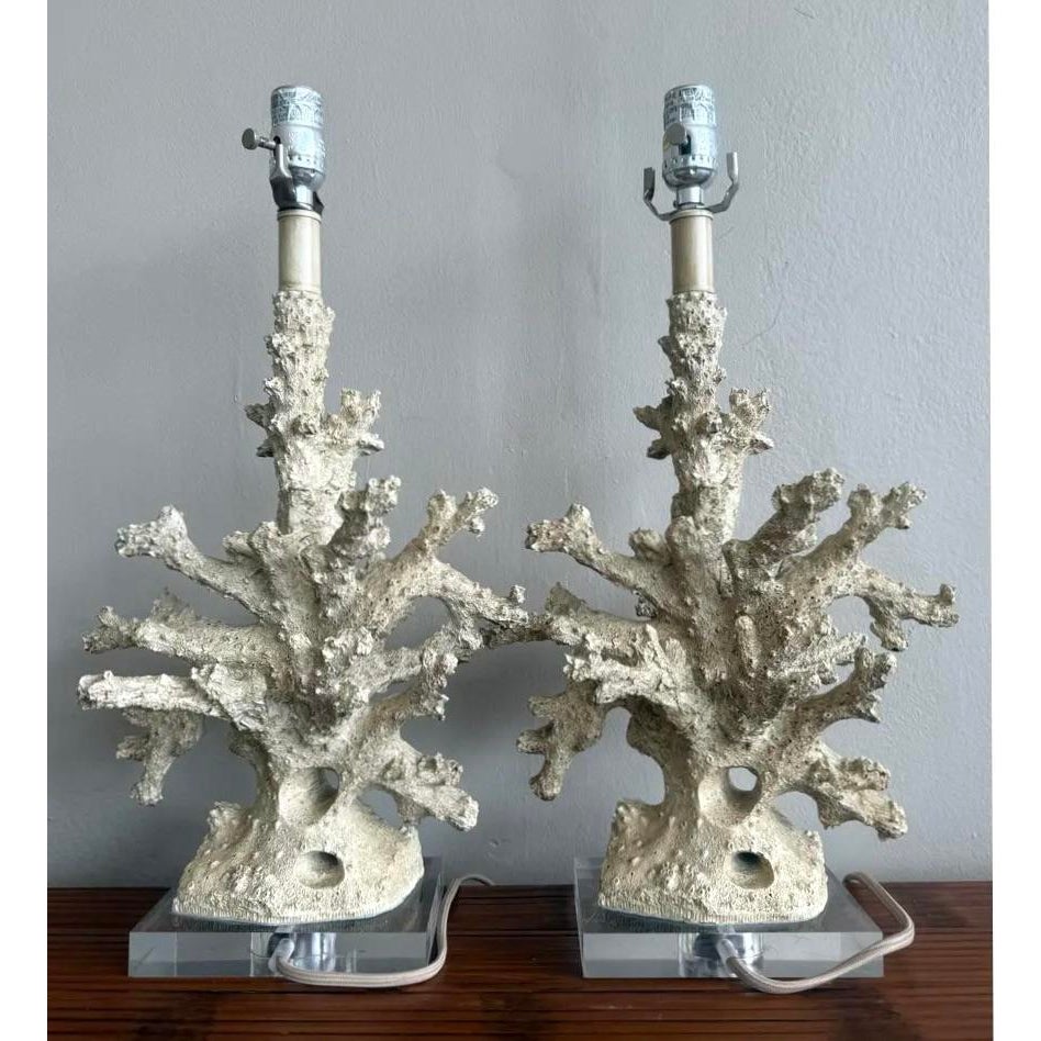 Vintage Faux Coral Branch Lamps on Lucite Base - a Pair - Detail view