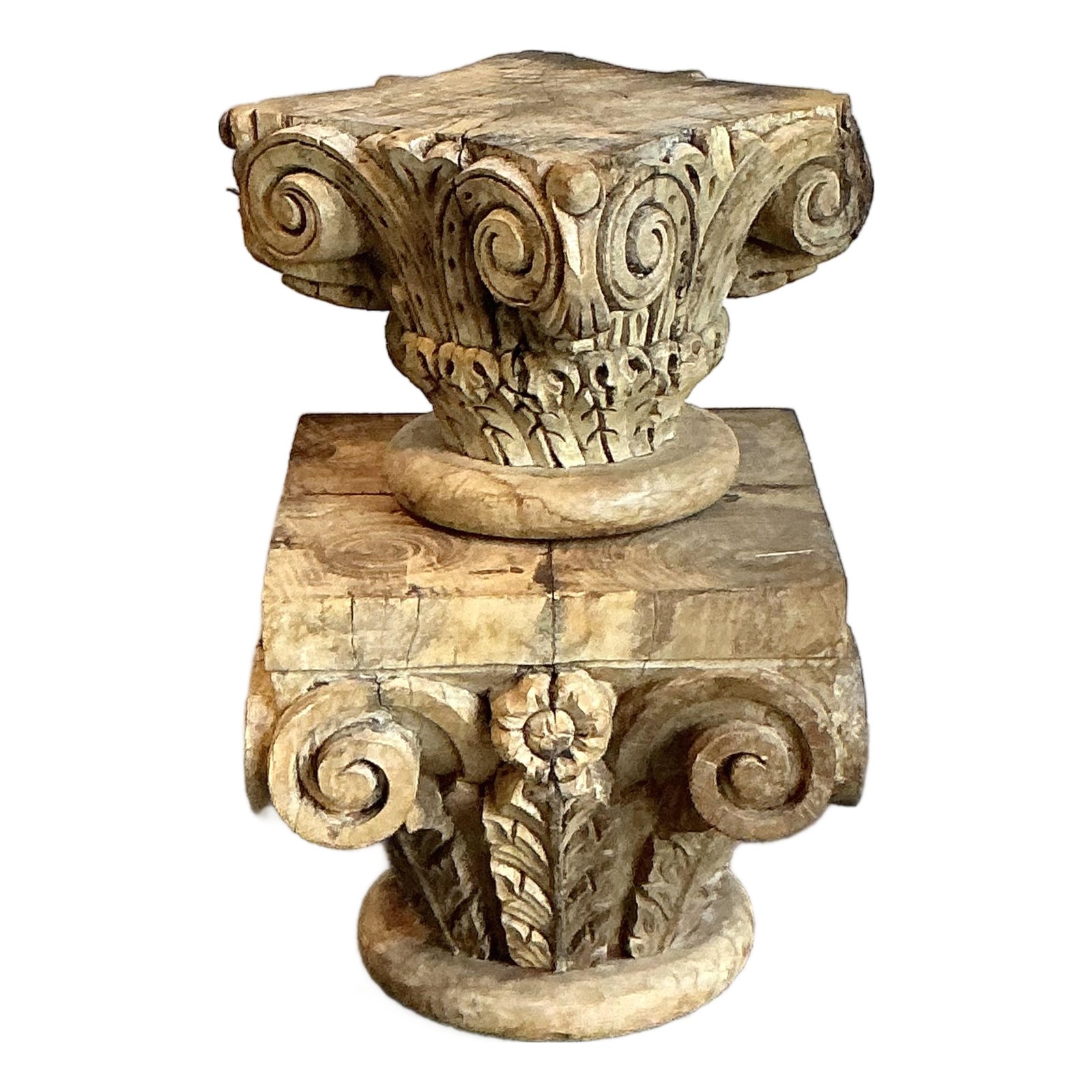 Vintage Boho Carved Wood Column Drink Tables - Set of 2
