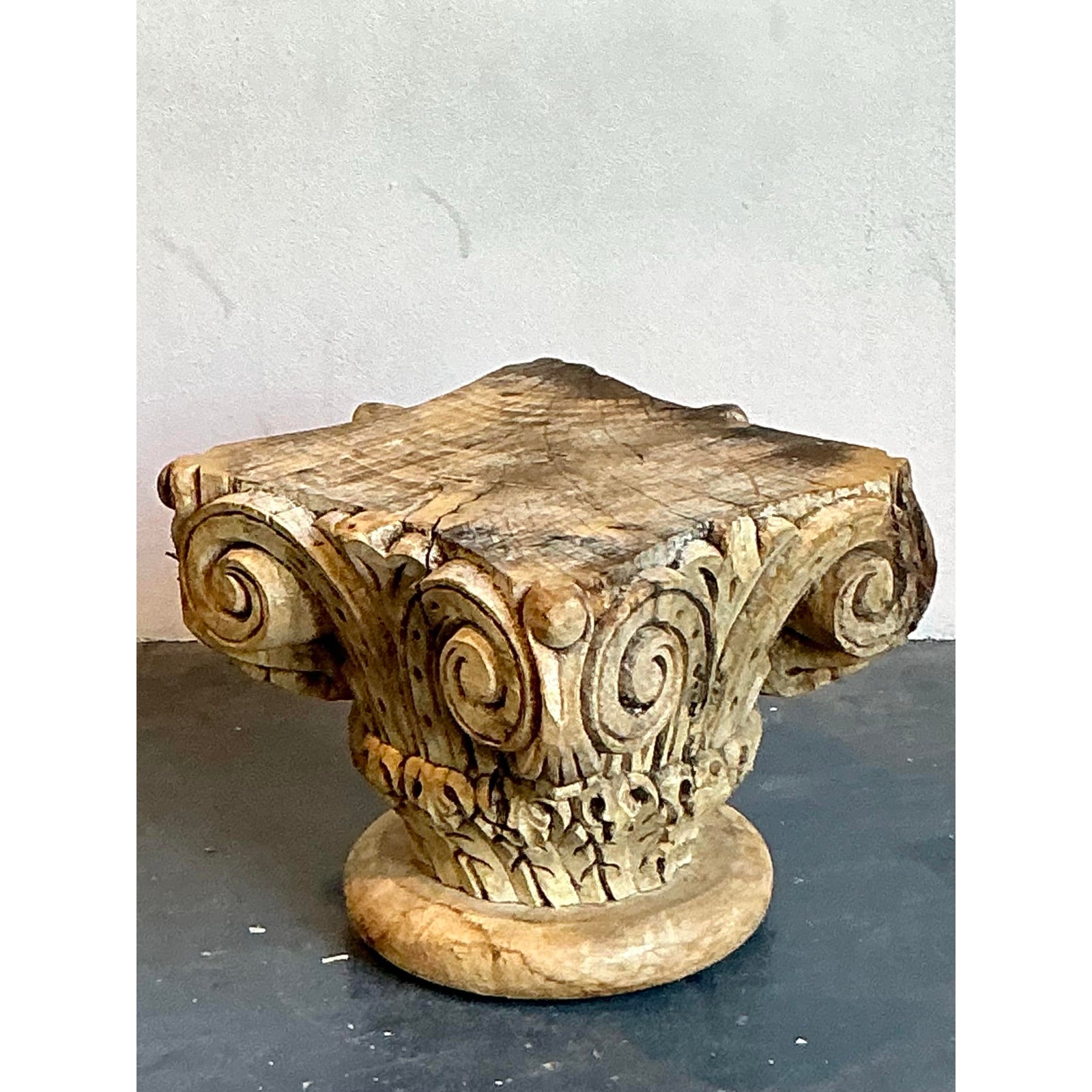 Vintage Boho Carved Wood Column Drink Tables - Set of 2 - Detail view
