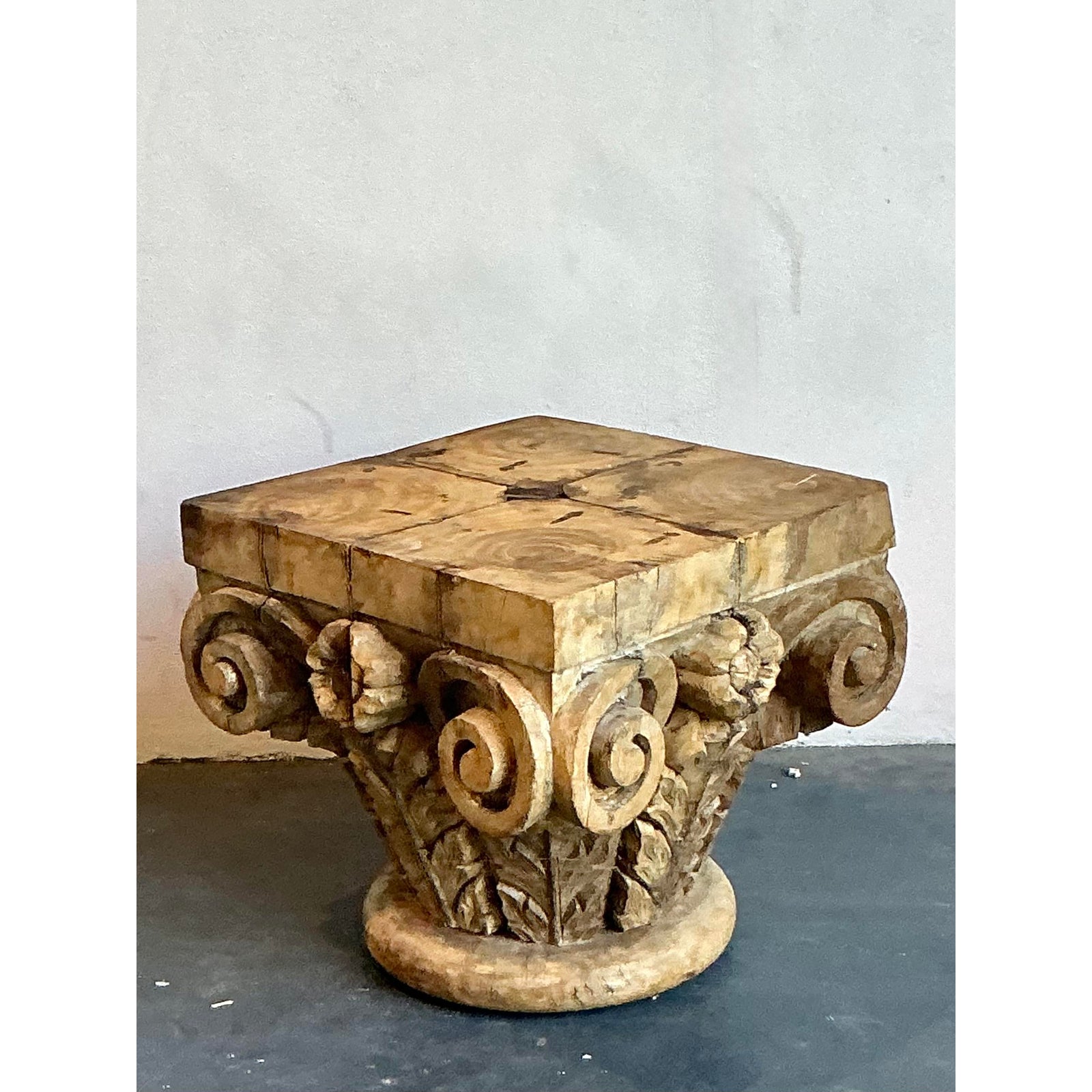 Vintage Boho Carved Wood Column Drink Tables - Set of 2 - Side view