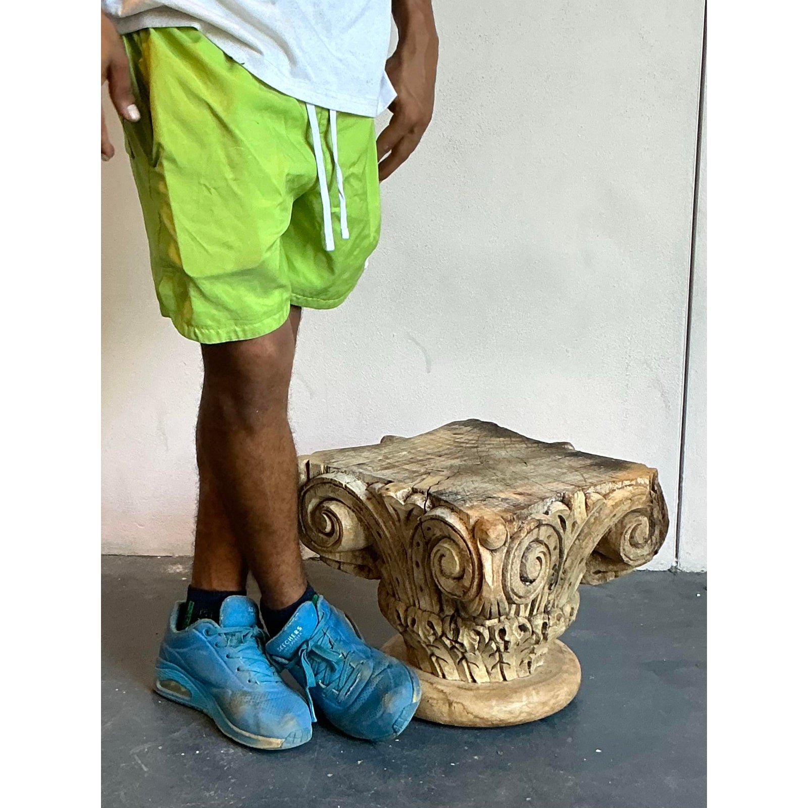 Vintage Boho Carved Wood Column Drink Tables - Set of 2 - Back view