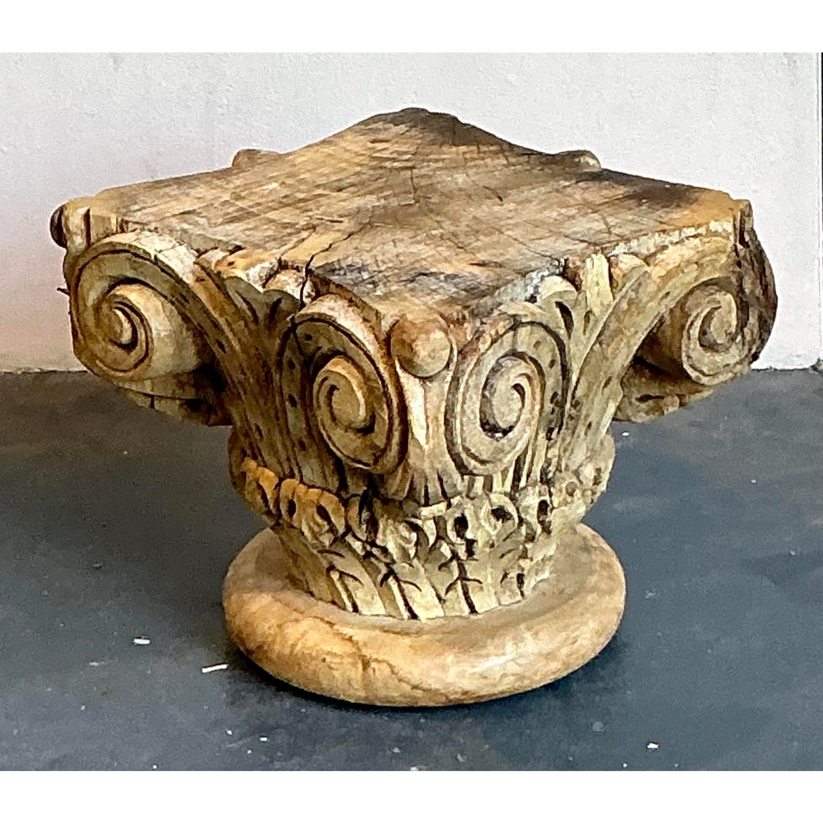Vintage Boho Carved Wood Column Drink Tables - Set of 2 - Top view