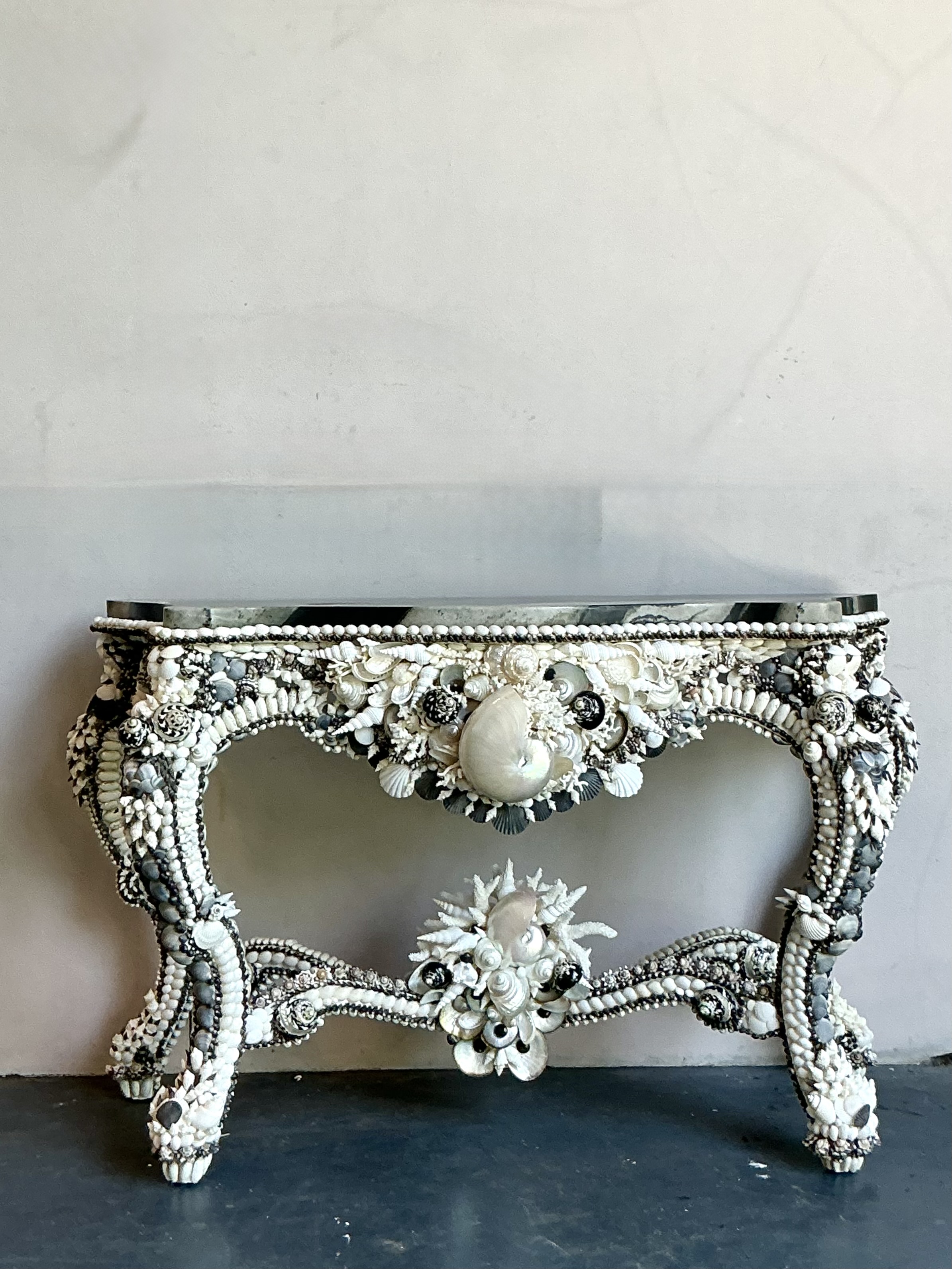 Vintage Coastal Shell Encrusted Console Table - Back view