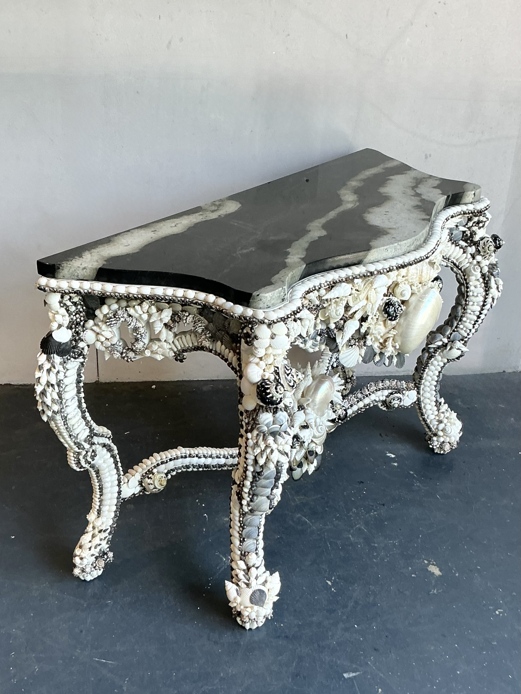 Vintage Coastal Shell Encrusted Console Table - Side view