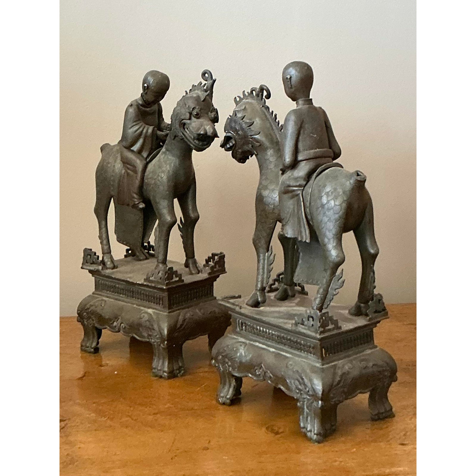 Vintage Asian Pewter Immortal Couple Garden Ornaments - Set of 2 - Side view