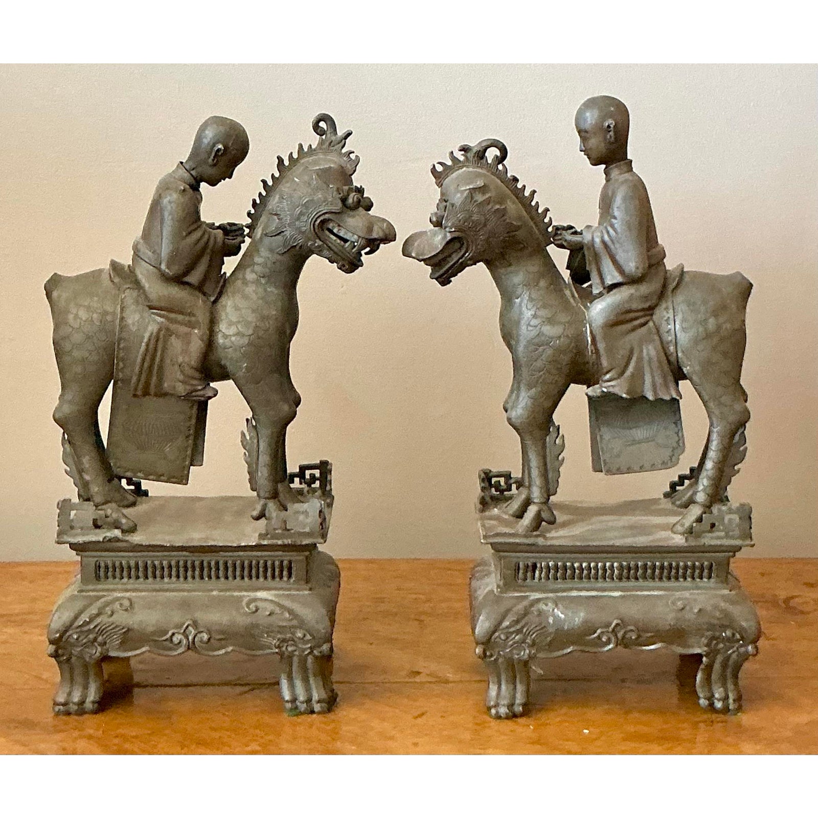 Vintage Asian Pewter Immortal Couple Garden Ornaments - Set of 2 - Detail view