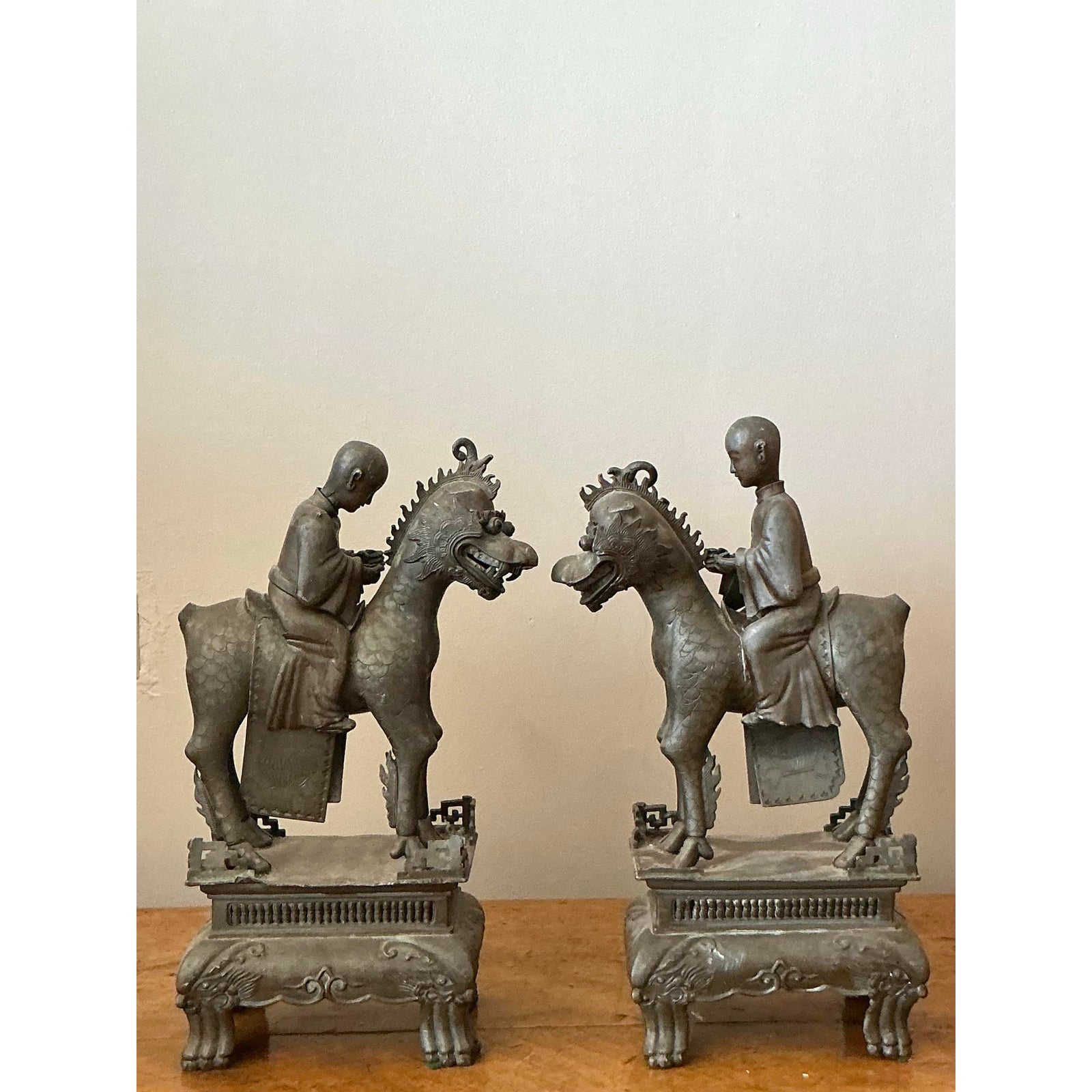 Vintage Asian Pewter Immortal Couple Garden Ornaments - Set of 2 - Back view