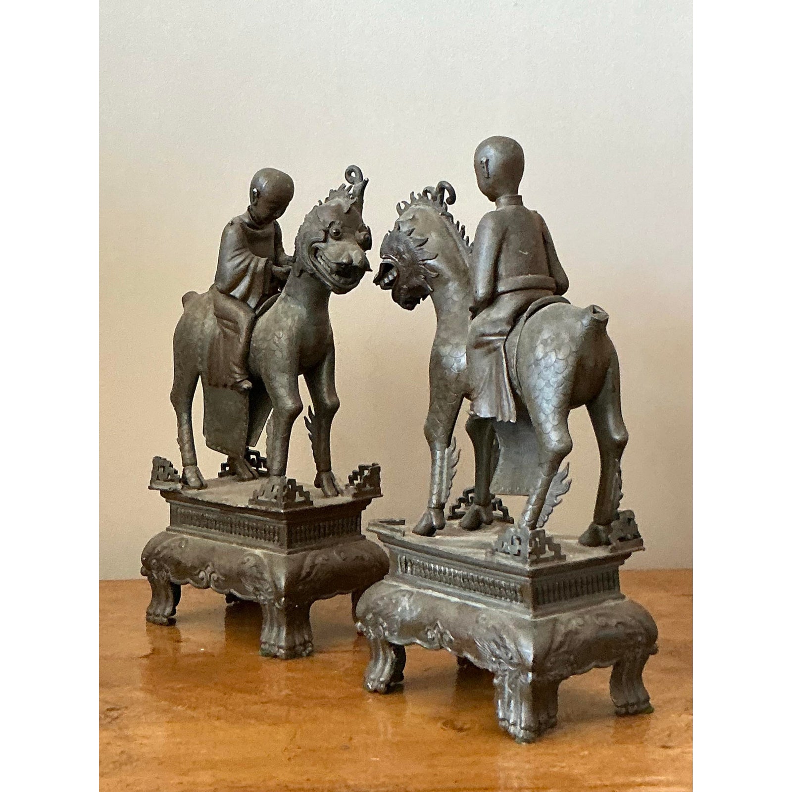 Vintage Asian Pewter Immortal Couple Garden Ornaments - Set of 2 - Top view