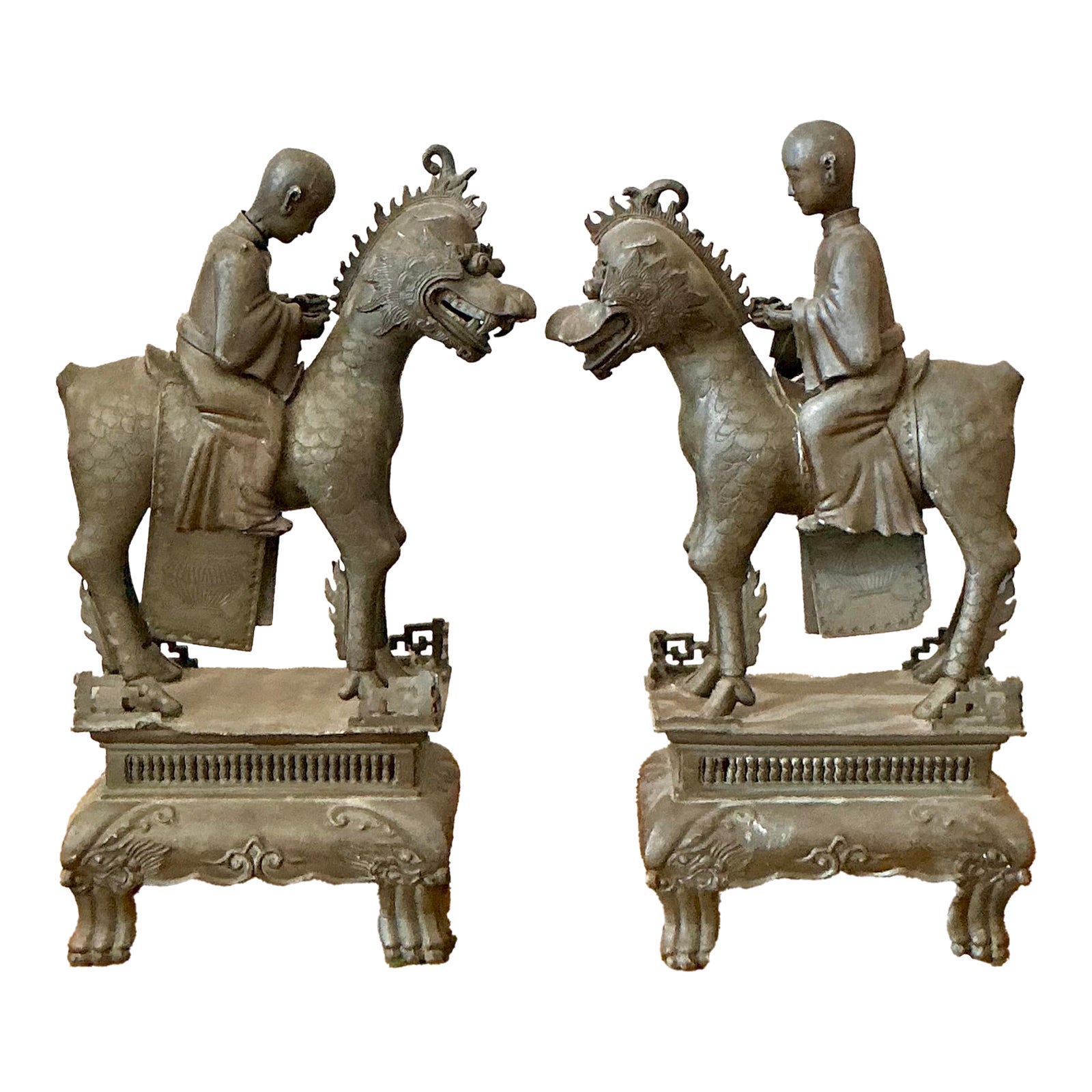 Vintage Asian Pewter Immortal Couple Garden Ornaments - Set of 2