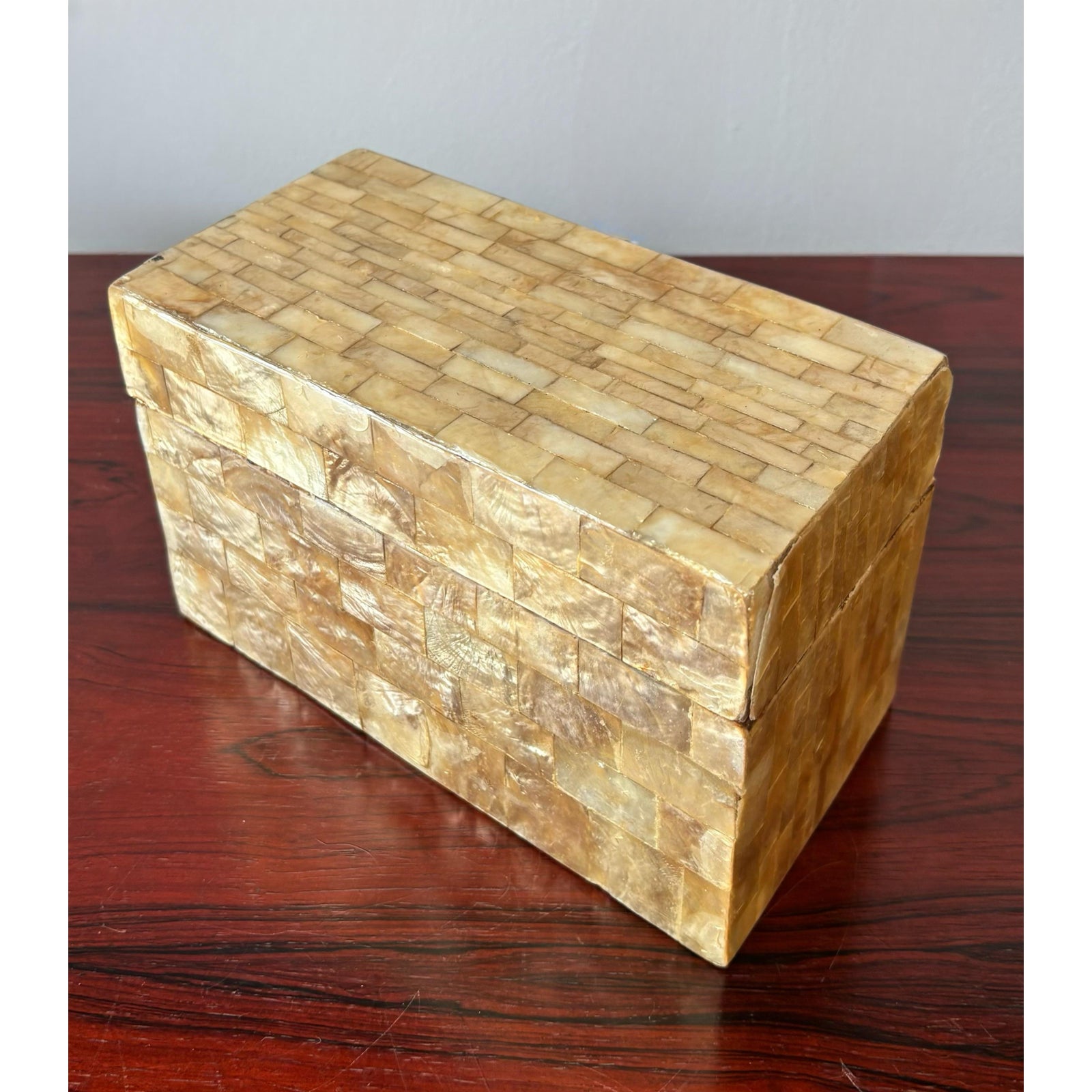 Vintage Boho Tessellated Capiz Shell Trinket Box - Detail view