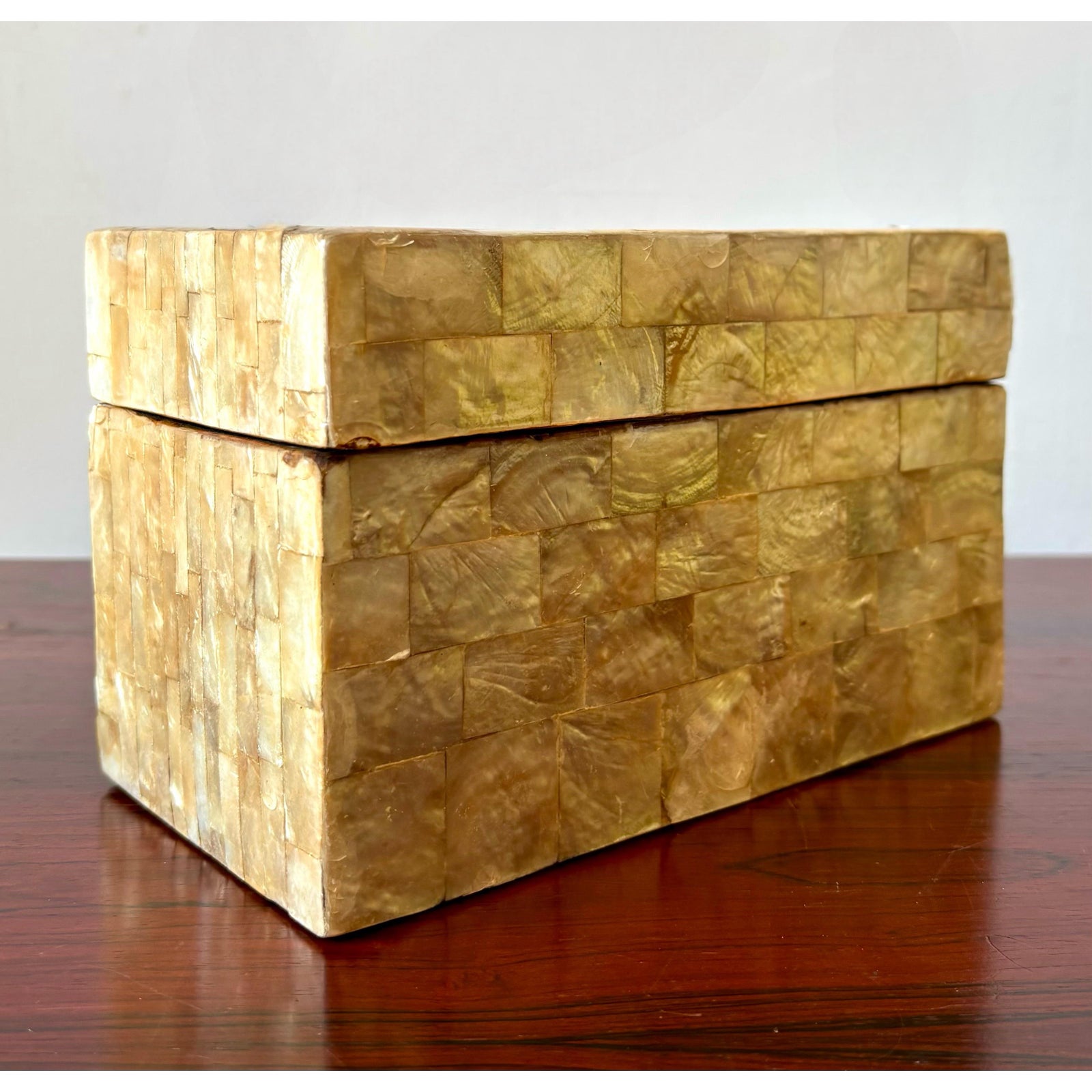 Vintage Boho Tessellated Capiz Shell Trinket Box - Side view