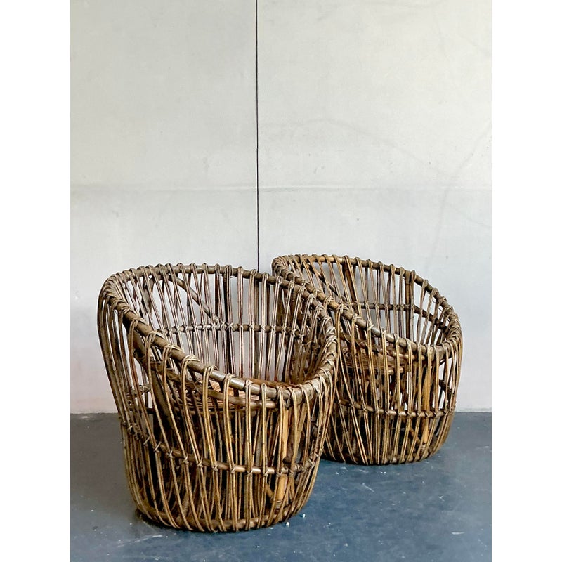 Vintage Boho Stick Rattan Nest Chairs - A Pair - Side view