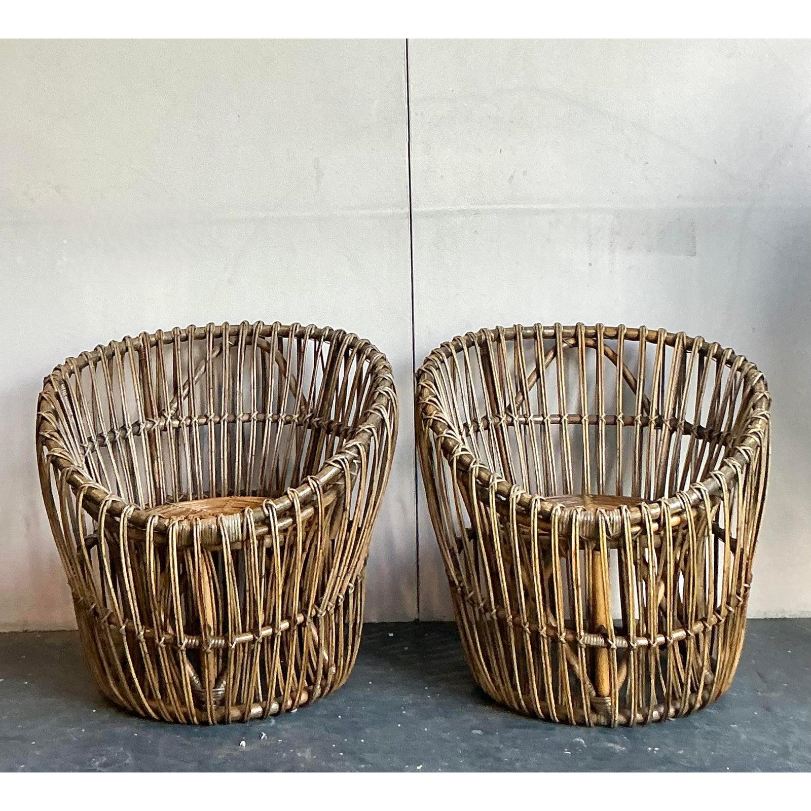 Vintage Boho Stick Rattan Nest Chairs - A Pair - Back view