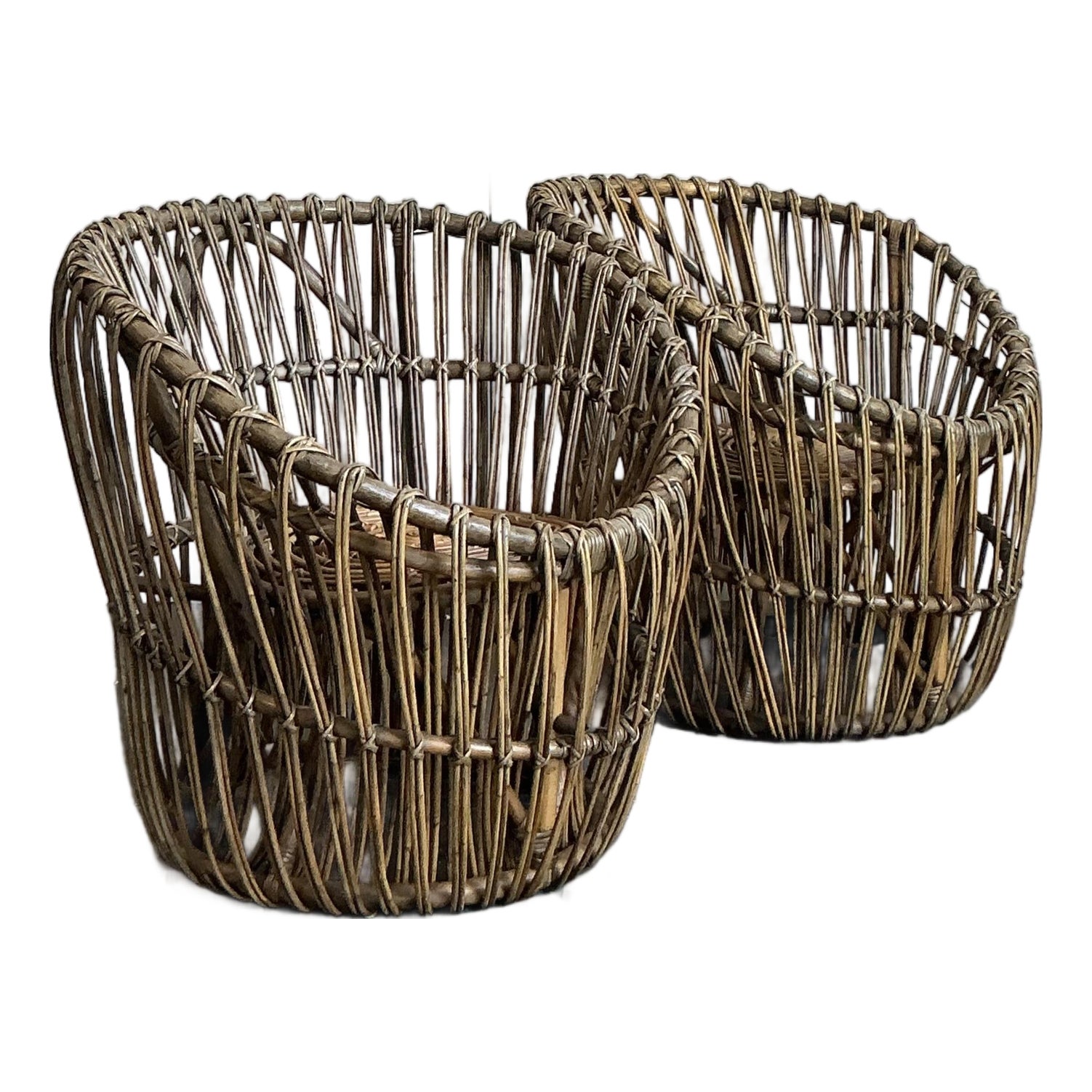 Vintage Boho Stick Rattan Nest Chairs - A Pair