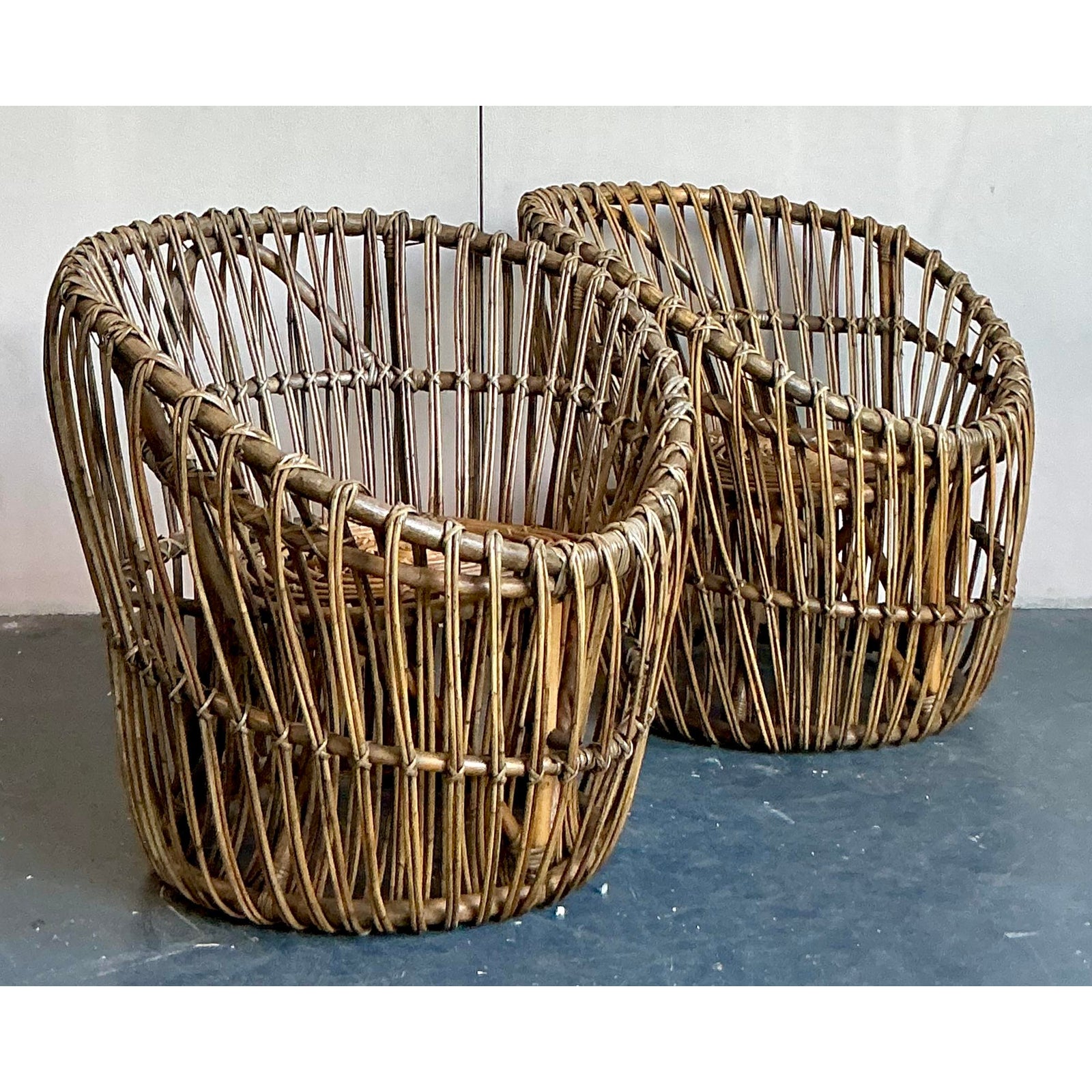 Vintage Boho Stick Rattan Nest Chairs - A Pair - Detail view
