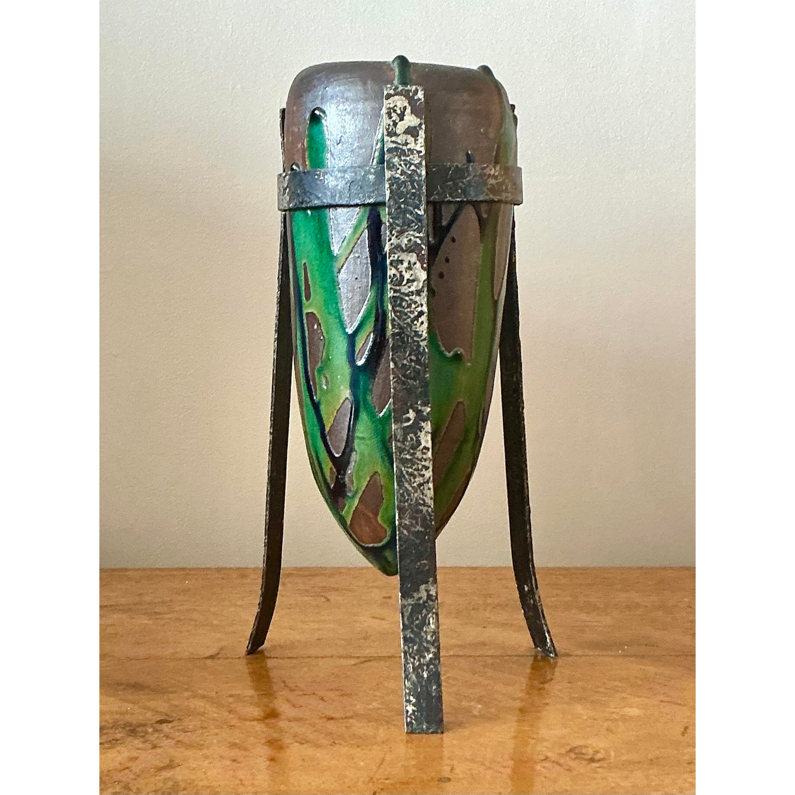 Vintage Boho Drip Glaze Vase in Stand - Detail view