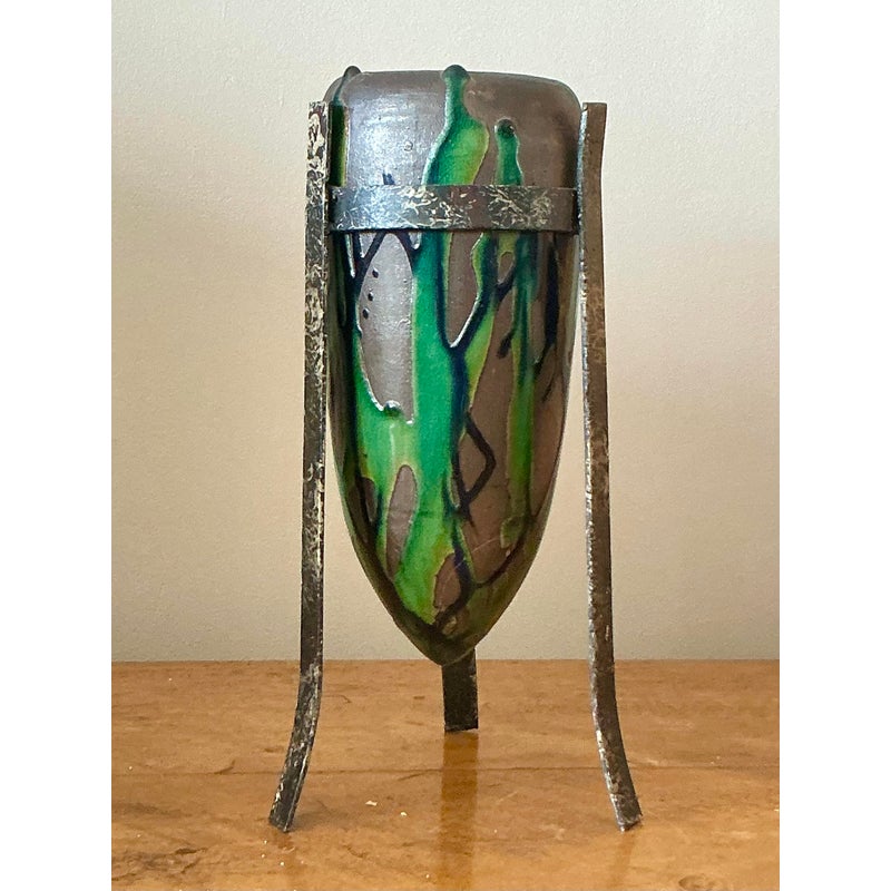 Vintage Boho Drip Glaze Vase in Stand - Side view