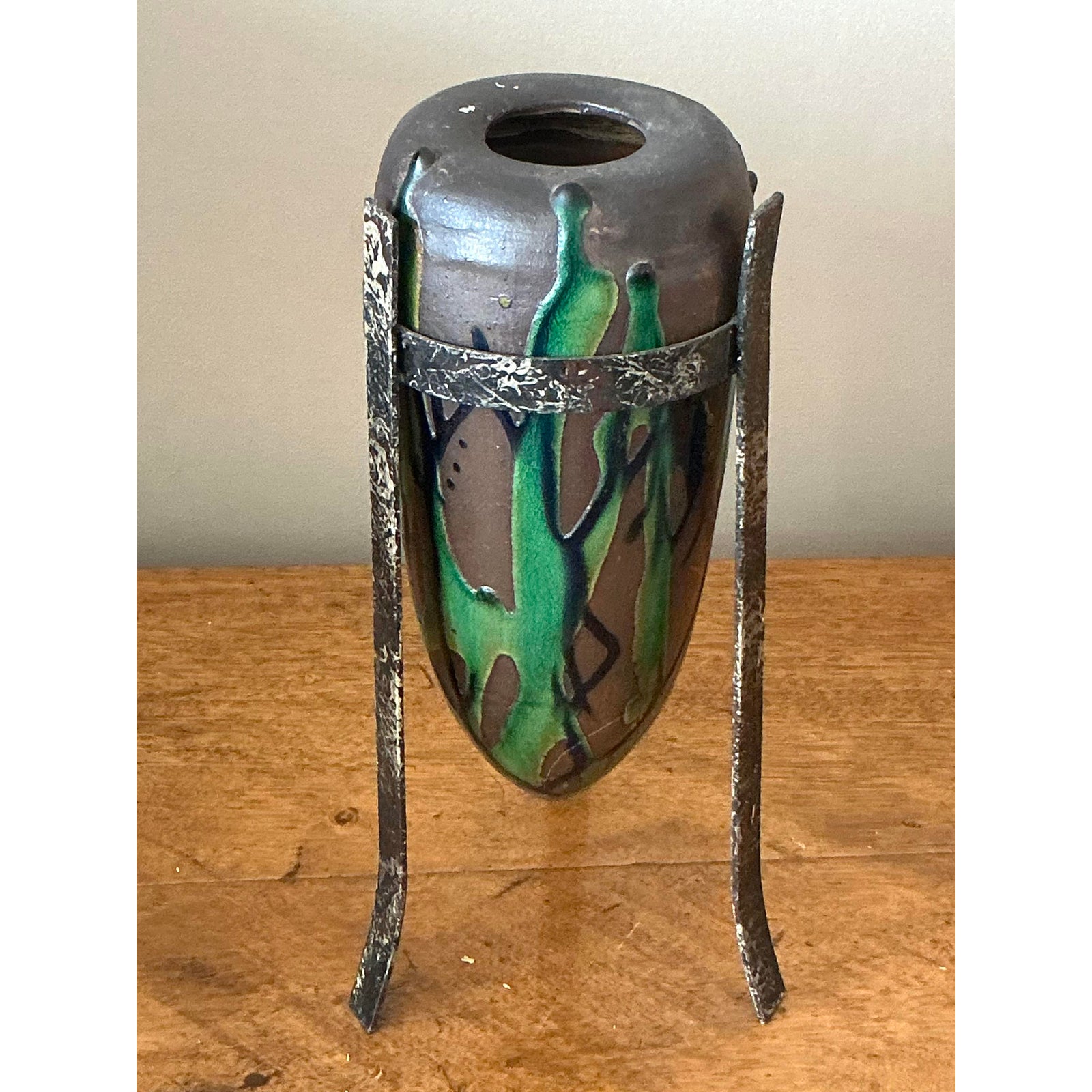 Vintage Boho Drip Glaze Vase in Stand - Back view